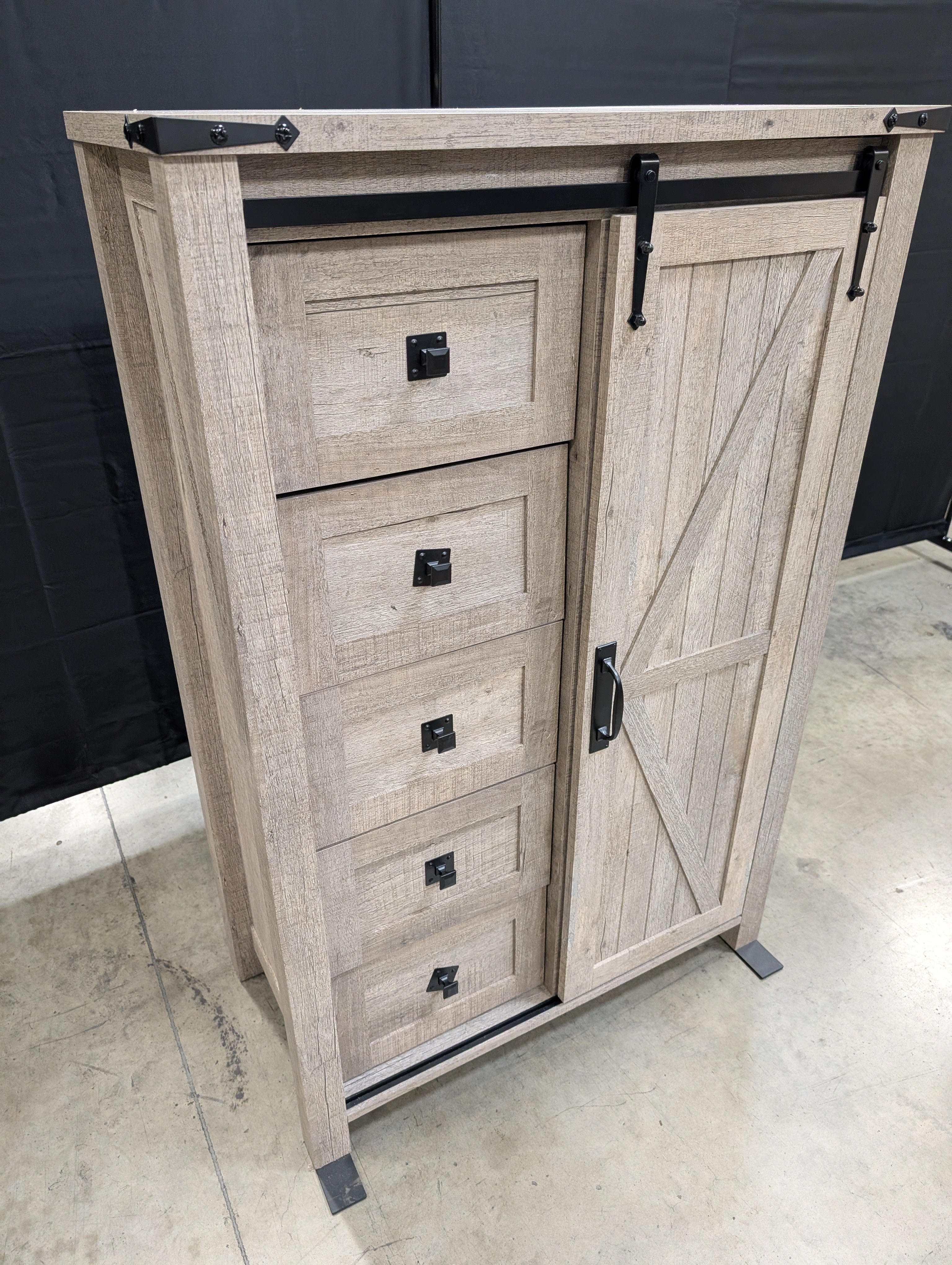 Rustic Light Brown Wood Storage Cabinet | 5 Drawers & Sliding Barn Door - Image 2