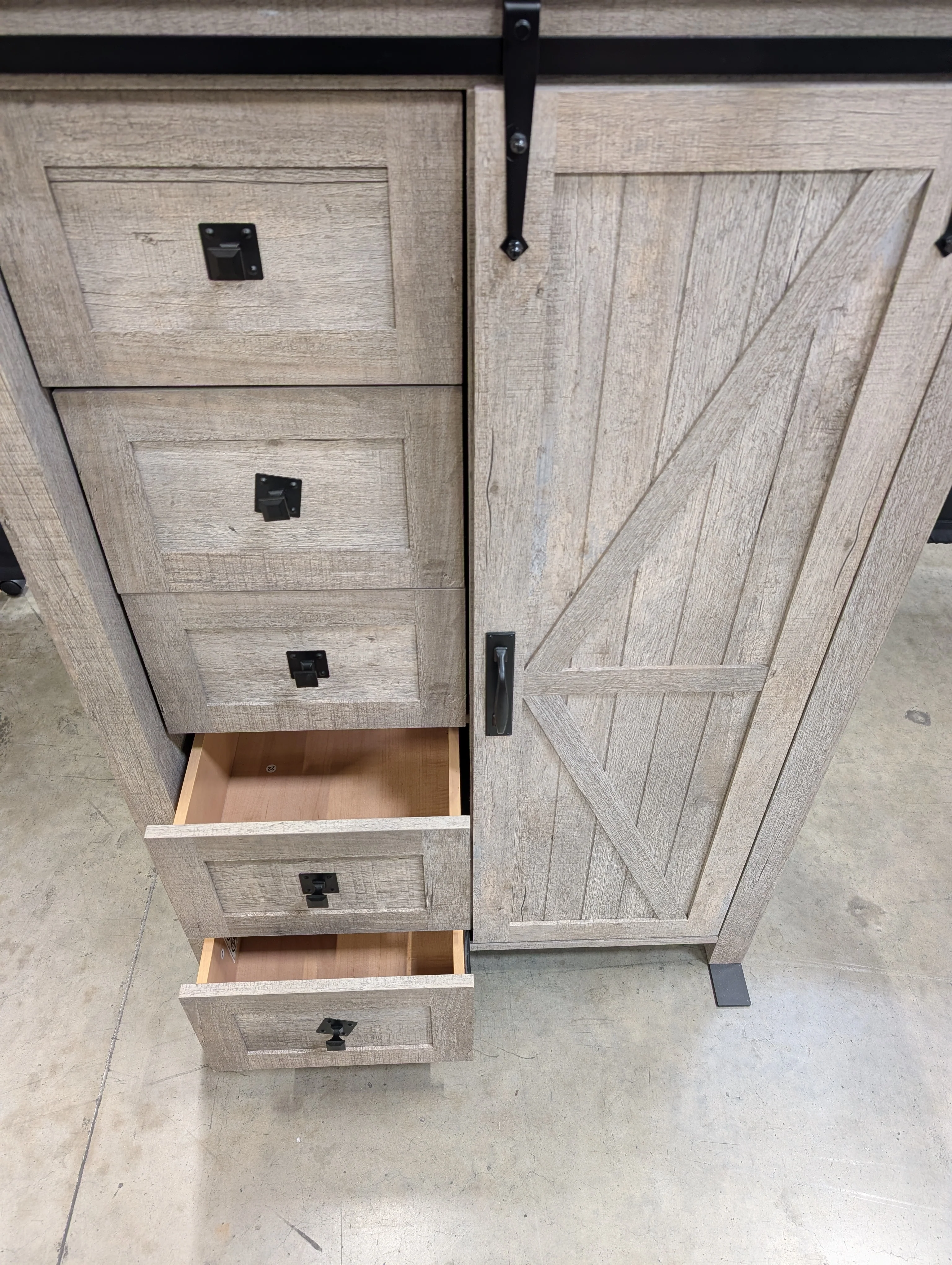 Rustic Light Brown Wood Storage Cabinet | 5 Drawers & Sliding Barn Door - Image 4