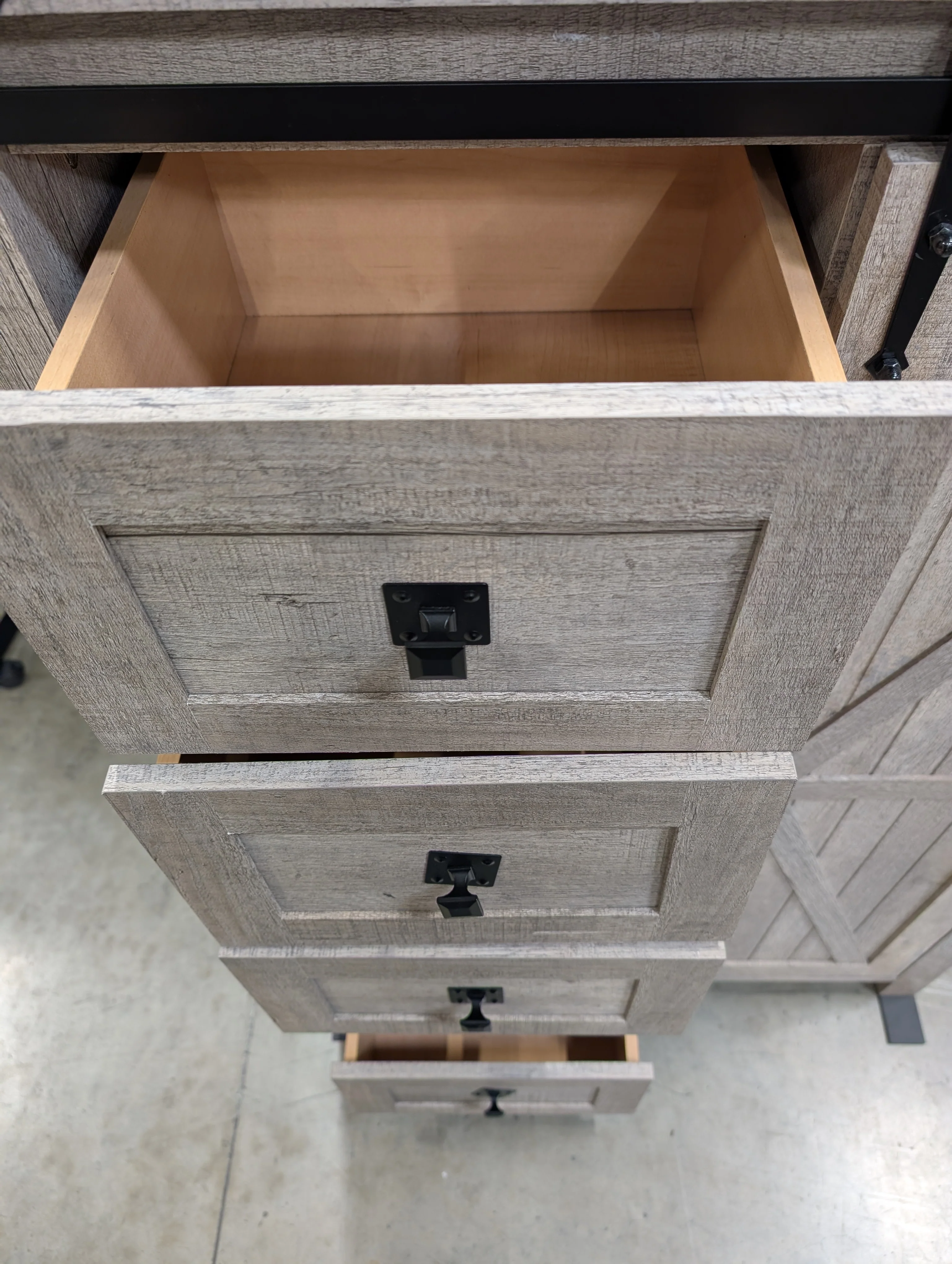 Rustic Light Brown Wood Storage Cabinet | 5 Drawers & Sliding Barn Door - Image 5