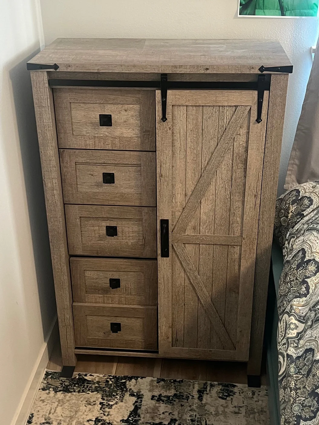 Rustic Light Brown Wood Storage Cabinet | 5 Drawers & Sliding Barn Door - Image 7