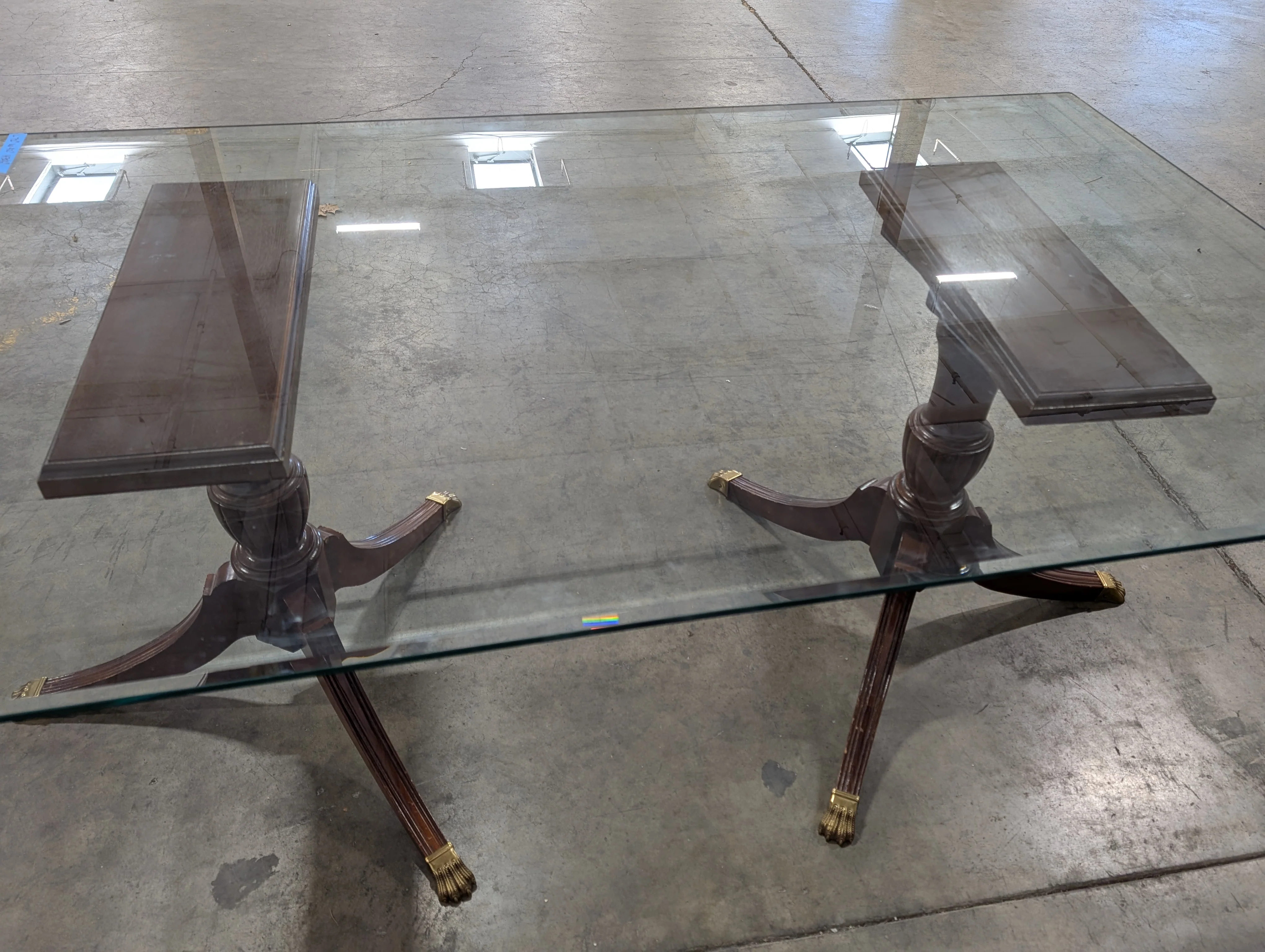 Transitional Square Glass Top Table with Dark Wood Pedestal Base - Image 2