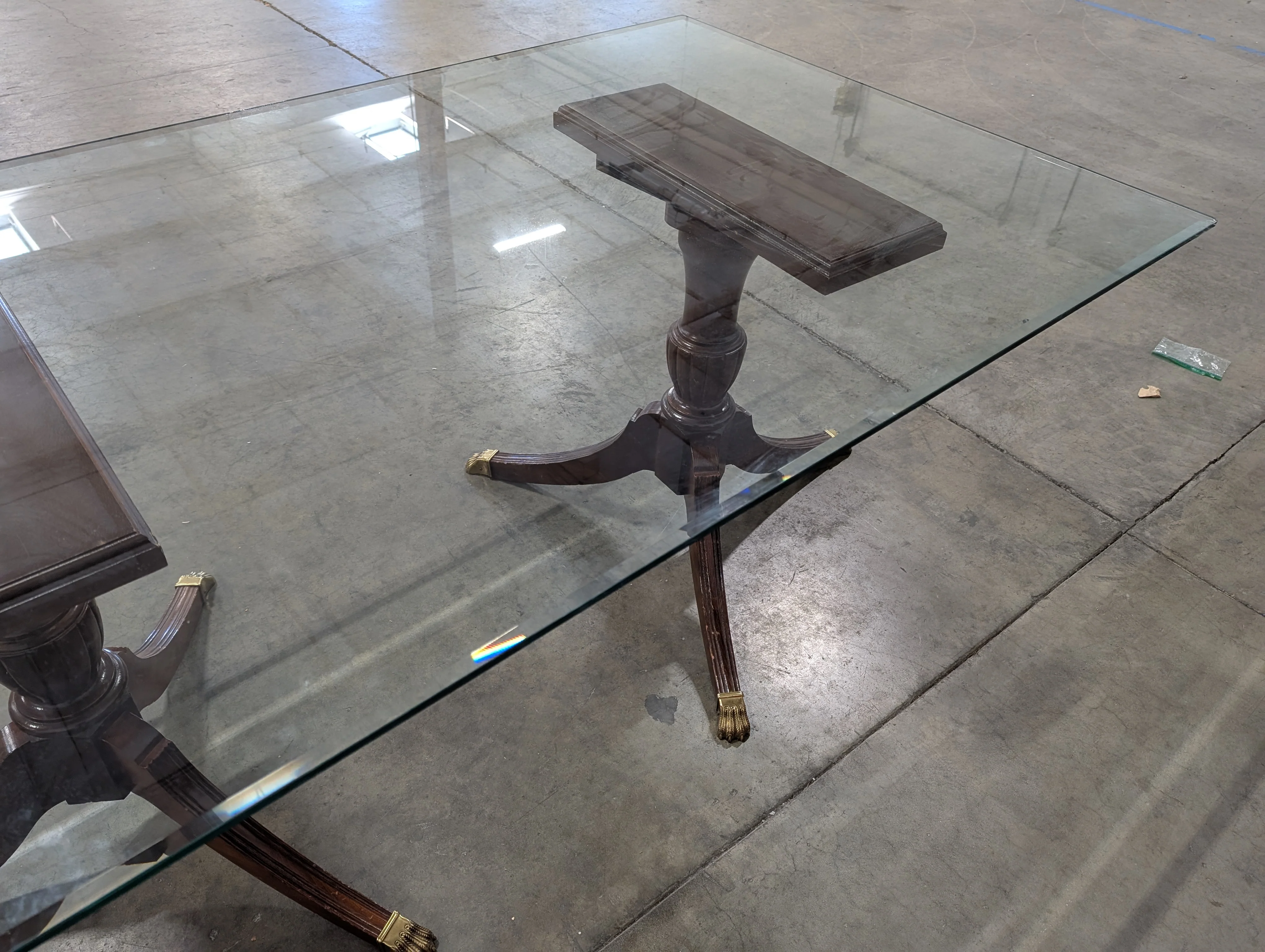 Transitional Square Glass Top Table with Dark Wood Pedestal Base - Image 3