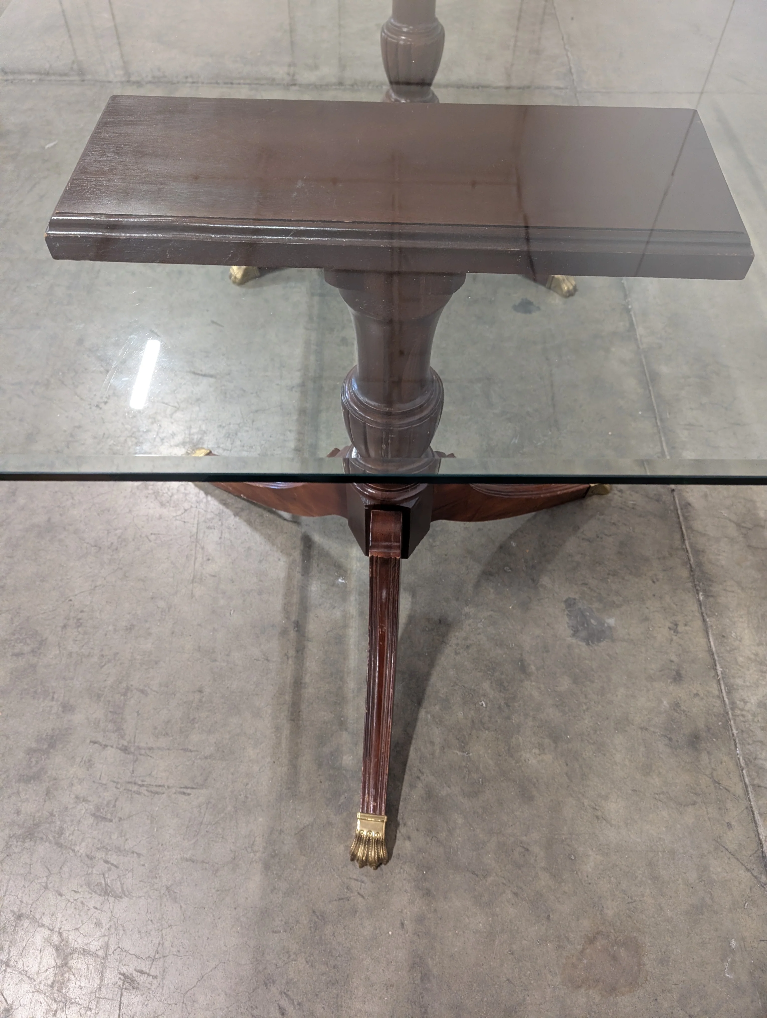 Transitional Square Glass Top Table with Dark Wood Pedestal Base - Image 4