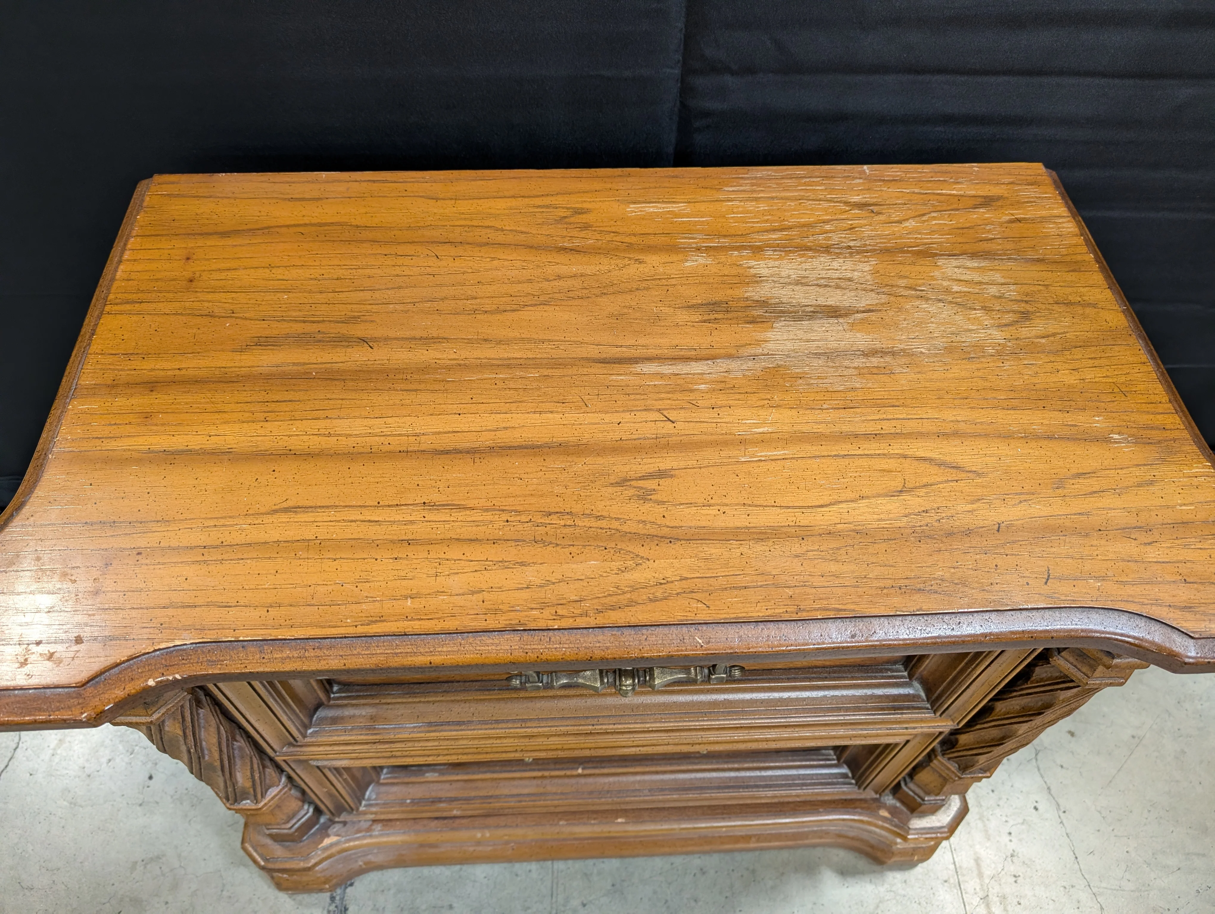Vintage Wooden Nightstand with Two Drawers, Ornate Pulls & Carved Accents - Image 3
