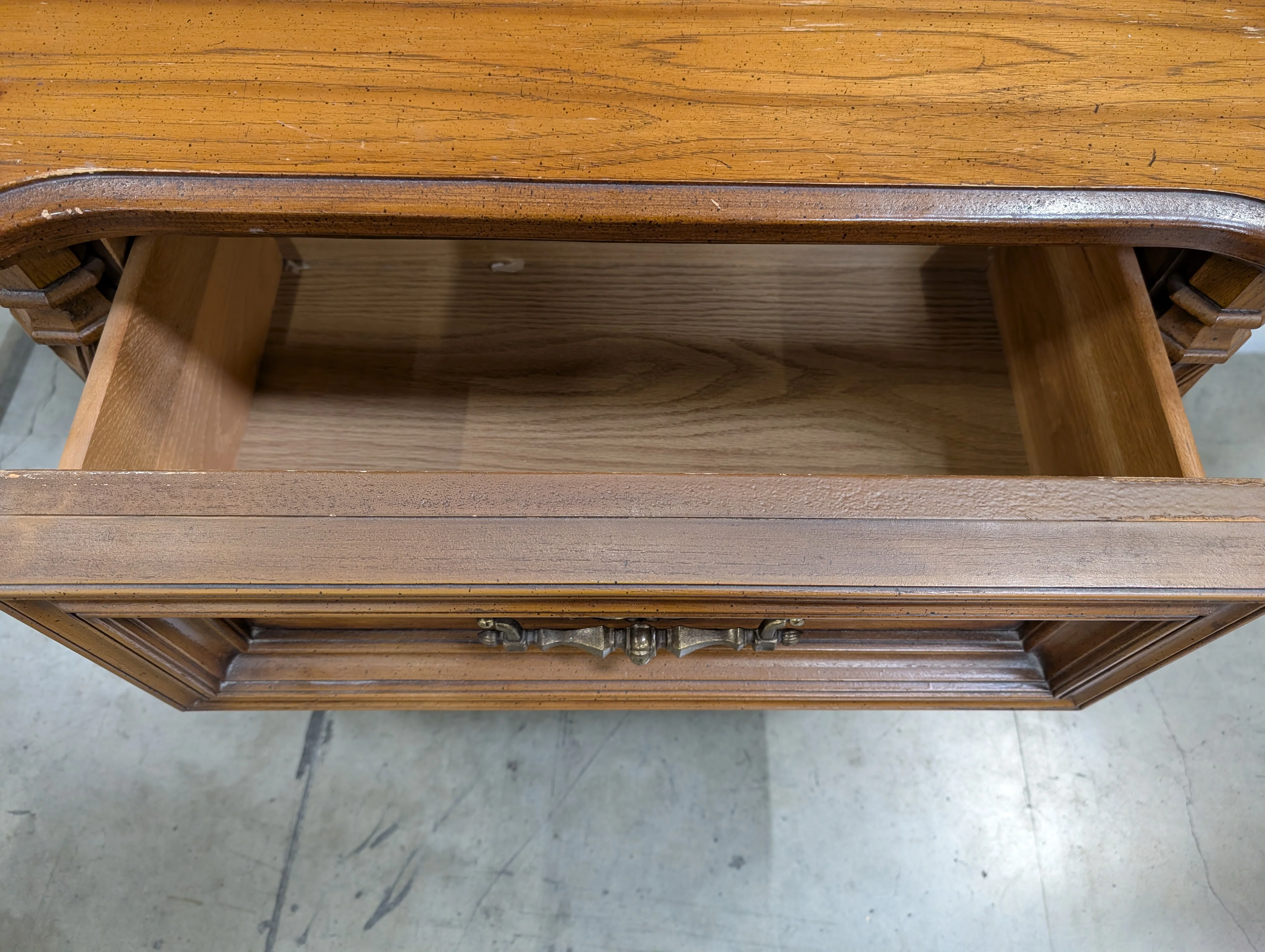 Vintage Wooden Nightstand with Two Drawers, Ornate Pulls & Carved Accents - Image 4