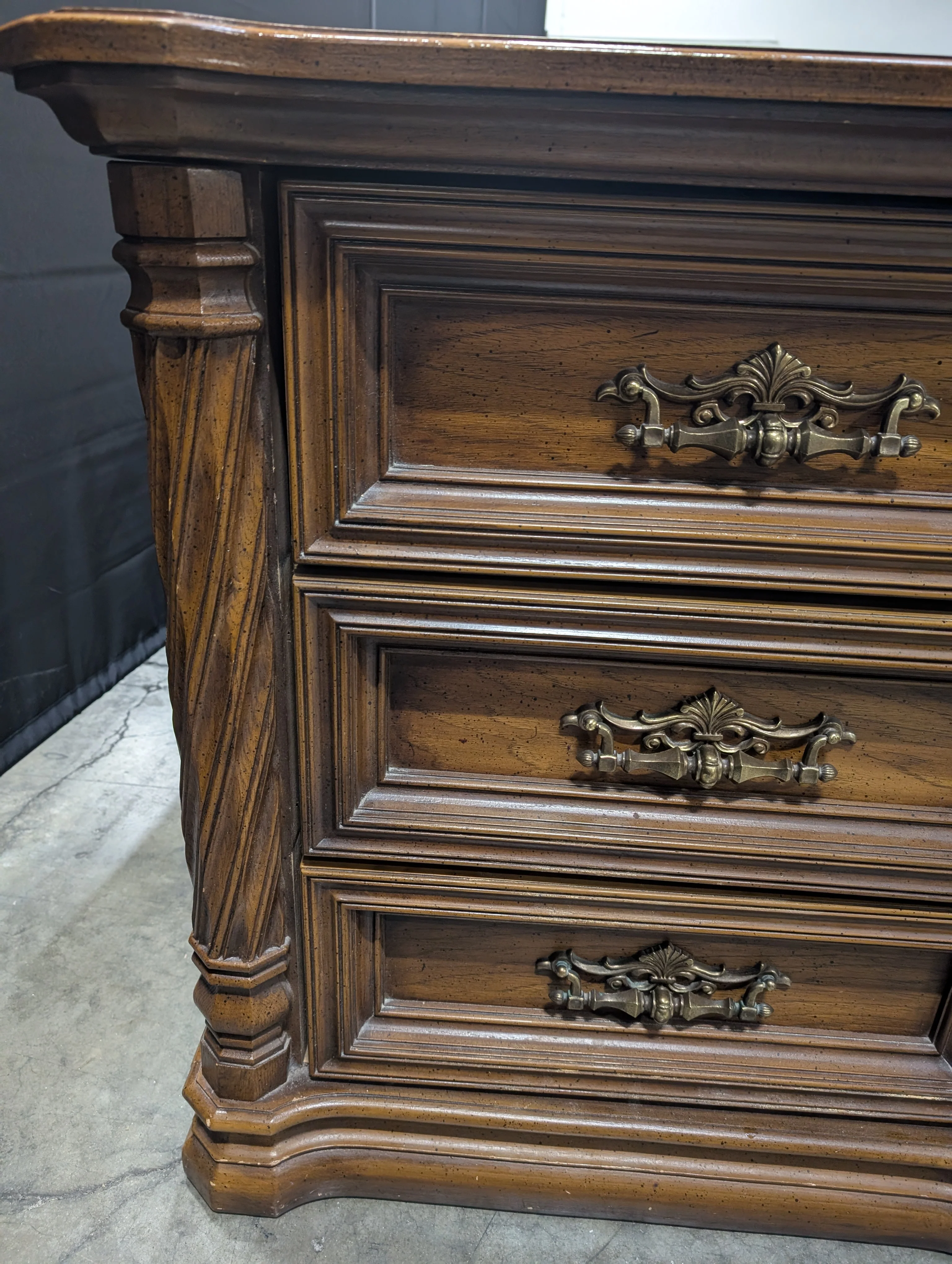 Ornate Traditional Dark Wood Dresser with Nine Drawers and Two Carved Mirrors - Image 11