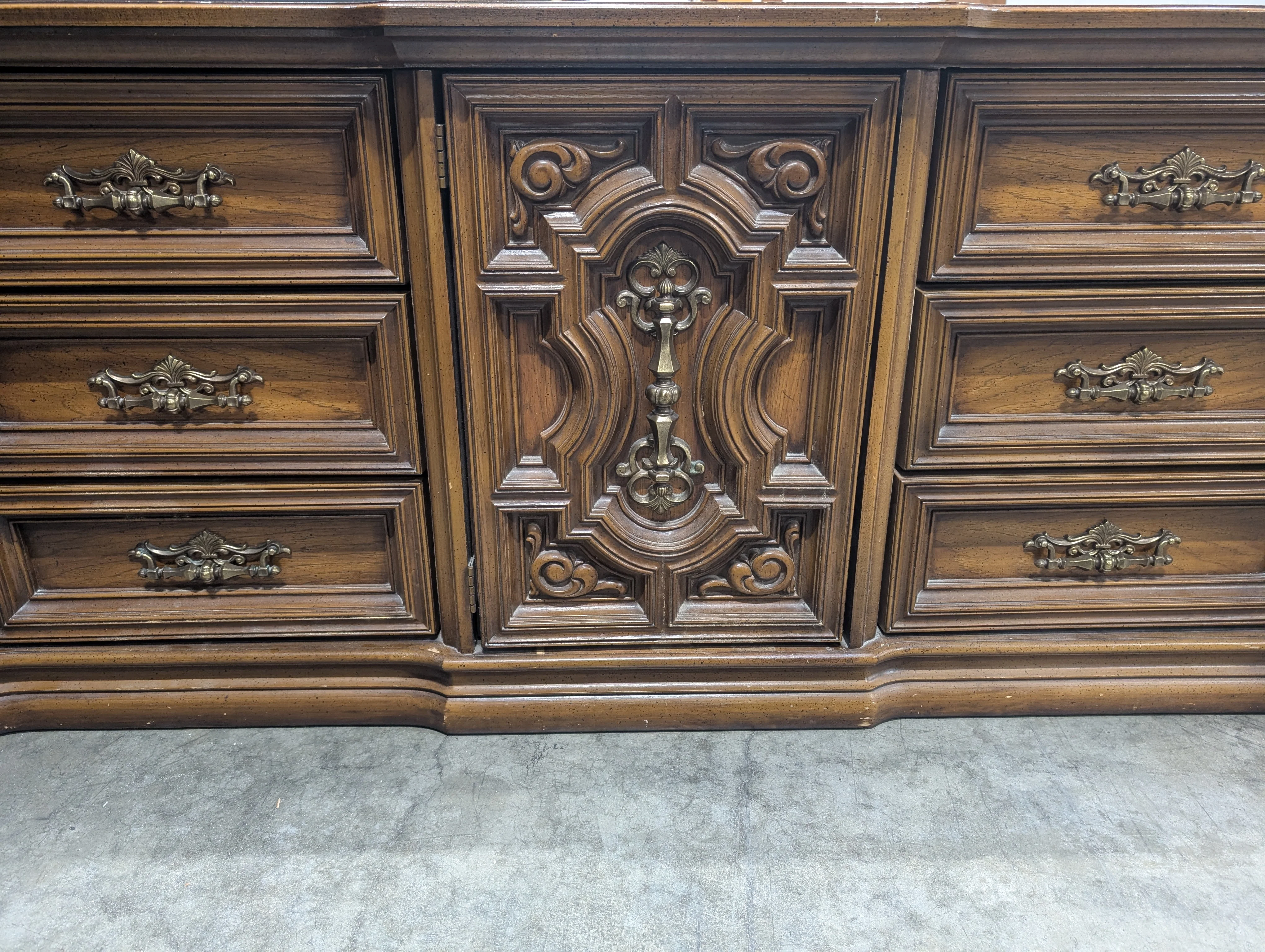 Ornate Traditional Dark Wood Dresser with Nine Drawers and Two Carved Mirrors - Image 3