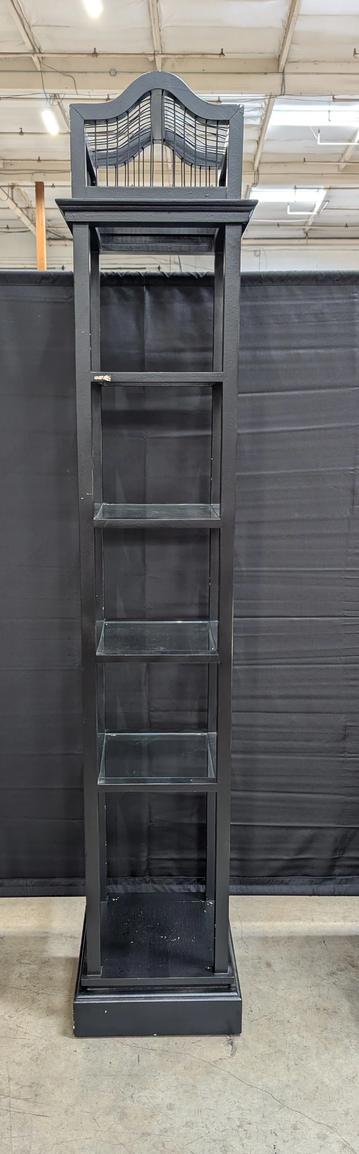Slim Black Display Shelf Unit with Decorative Finial Top and Molded Base - Image 2