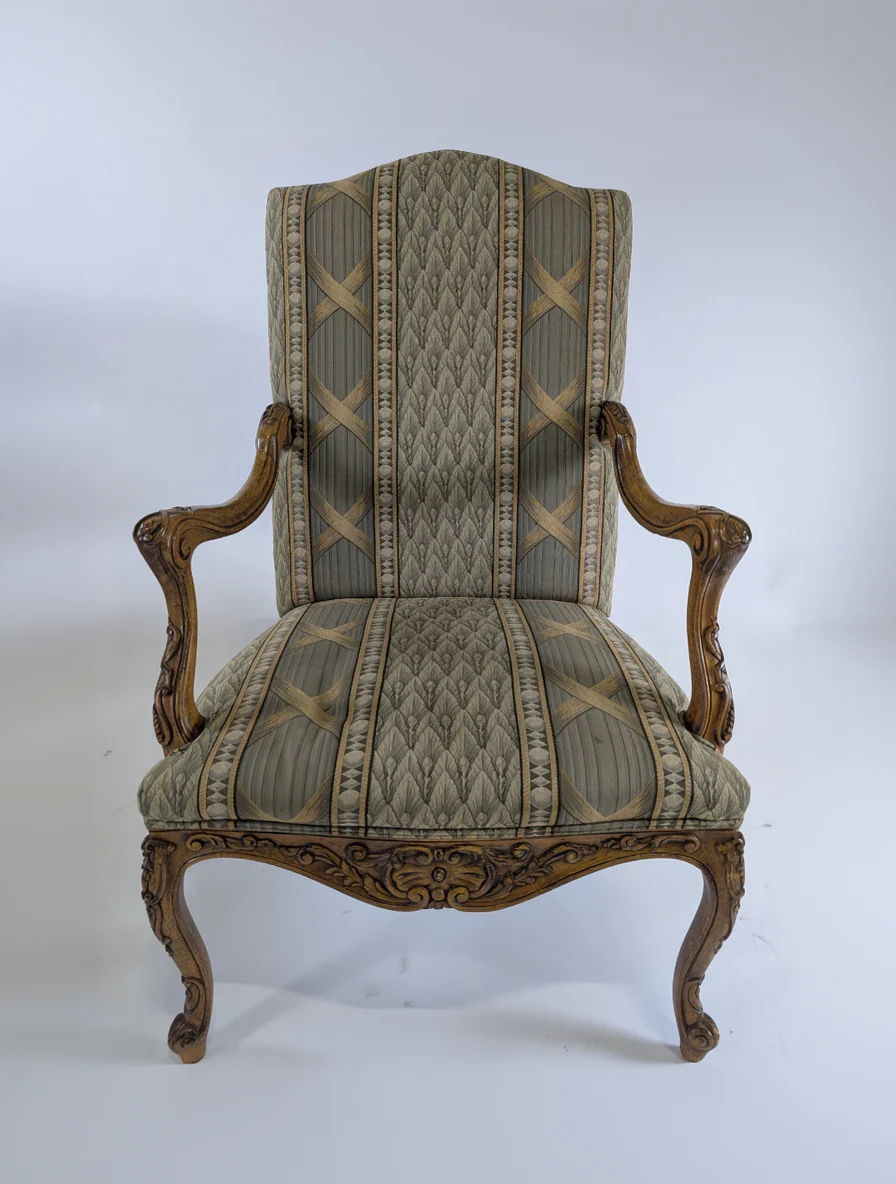 Traditional Upholstered Accent Chair with Carved Wood Arms