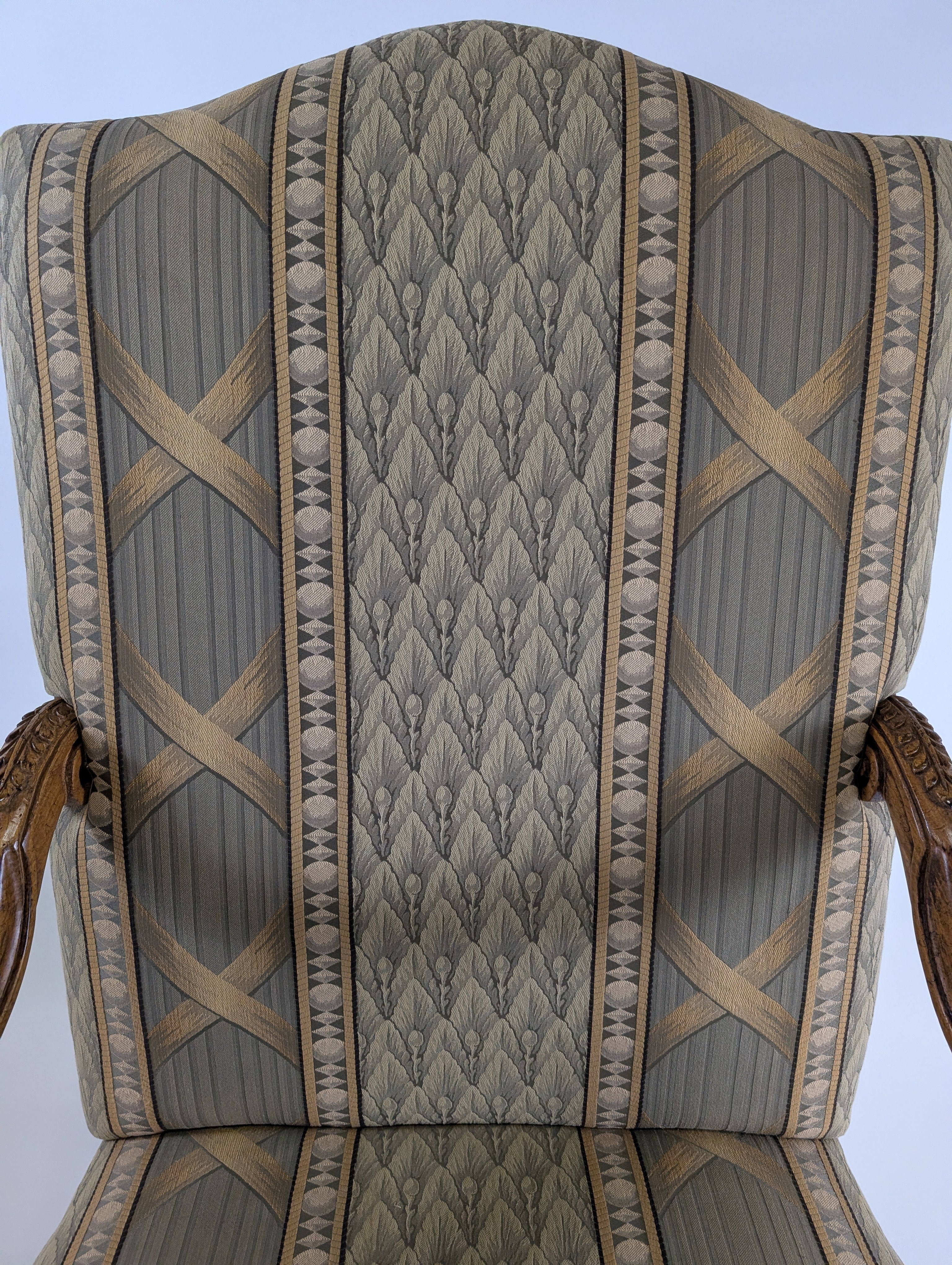 Traditional Upholstered Accent Chair with Carved Wood Arms - Image 2