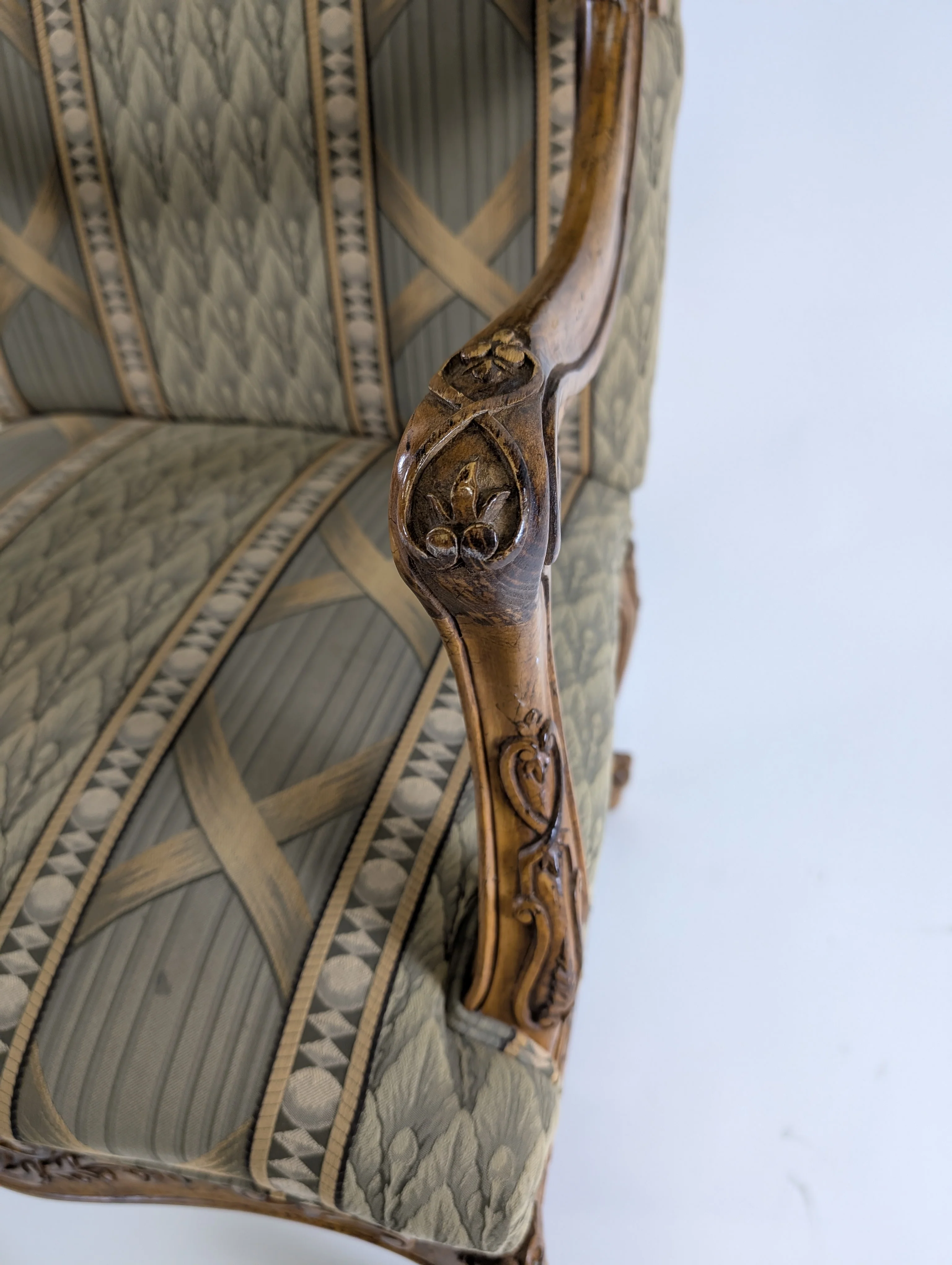 Traditional Upholstered Accent Chair with Carved Wood Arms - Image 3