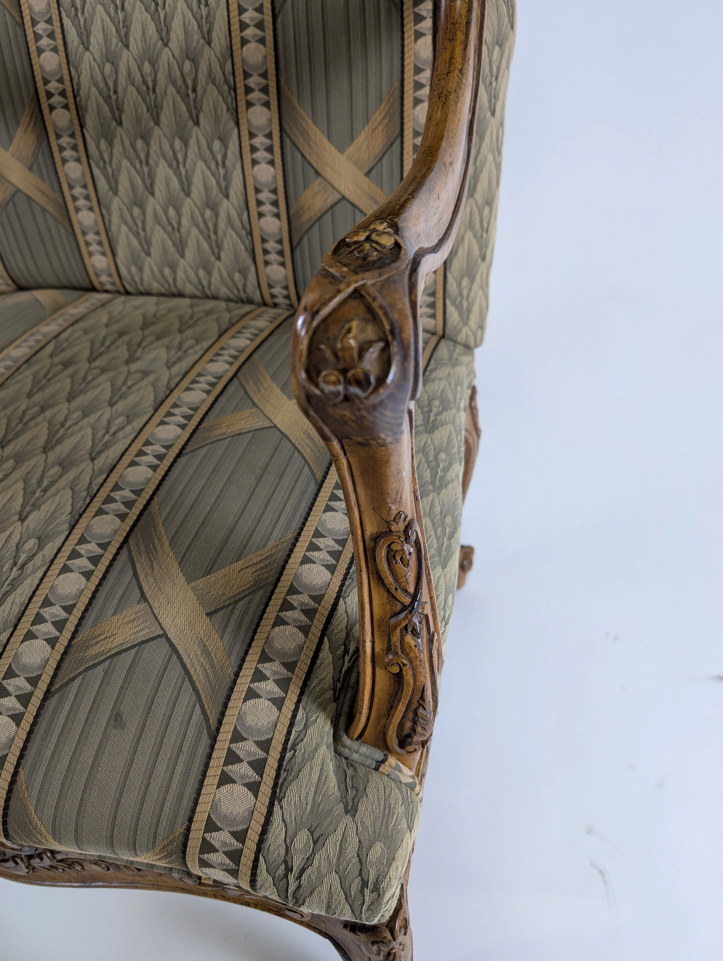 Traditional Upholstered Accent Chair with Carved Wood Arms - Image 6