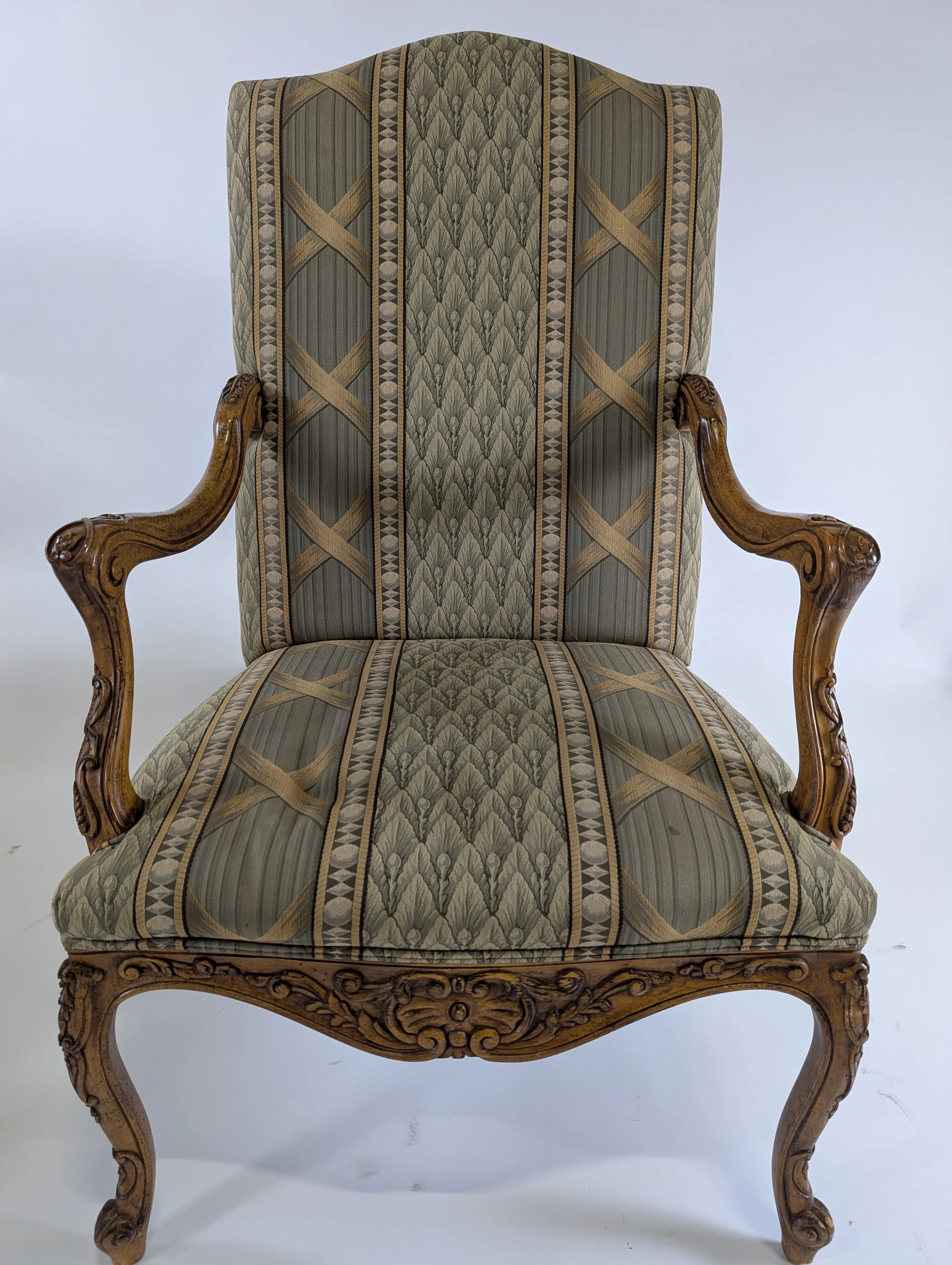 Traditional Upholstered Accent Chair with Carved Wood Arms - Image 8
