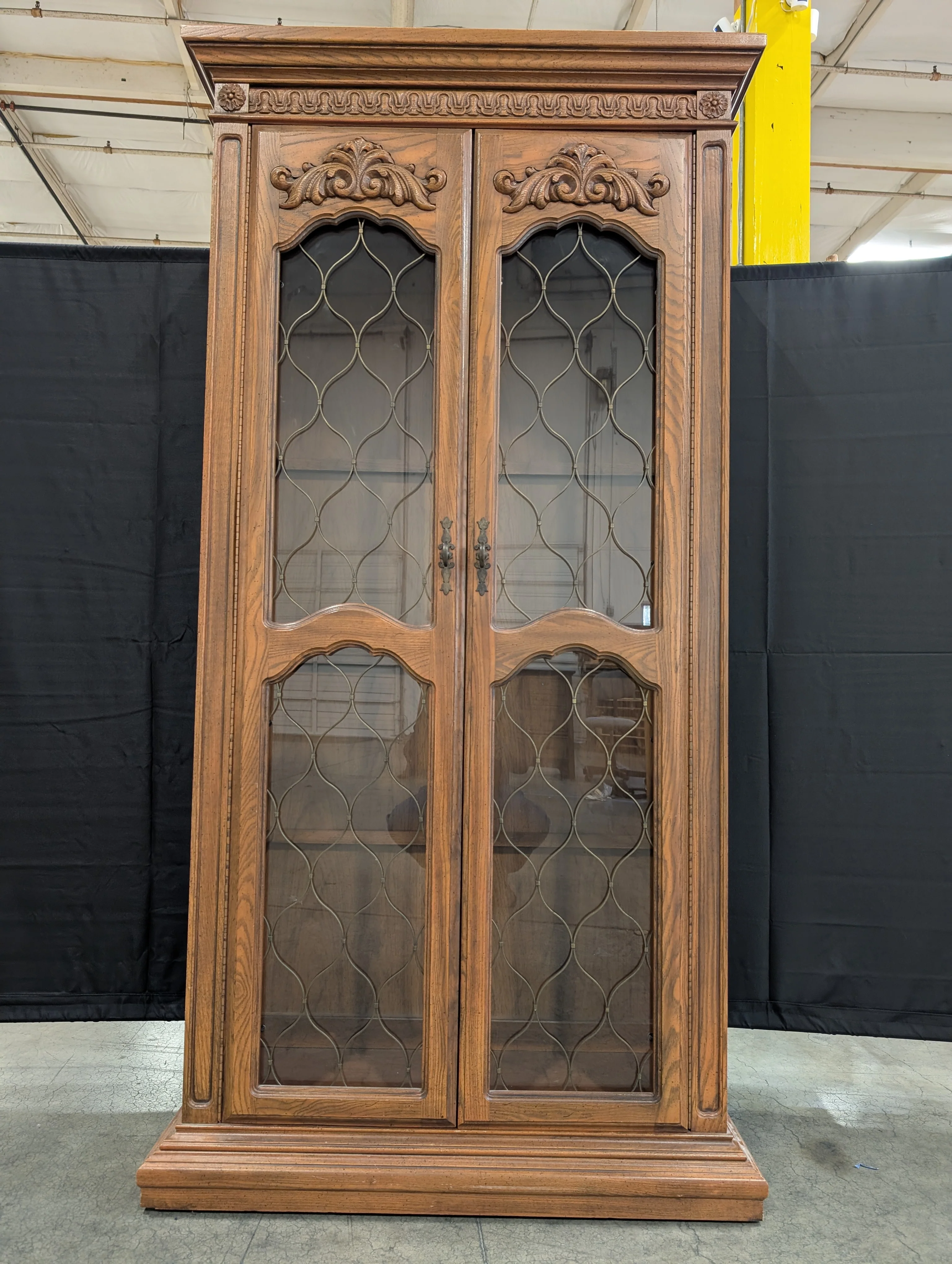 Ornate Wood Display Cabinet with Leaded Glass Doors - Image 2