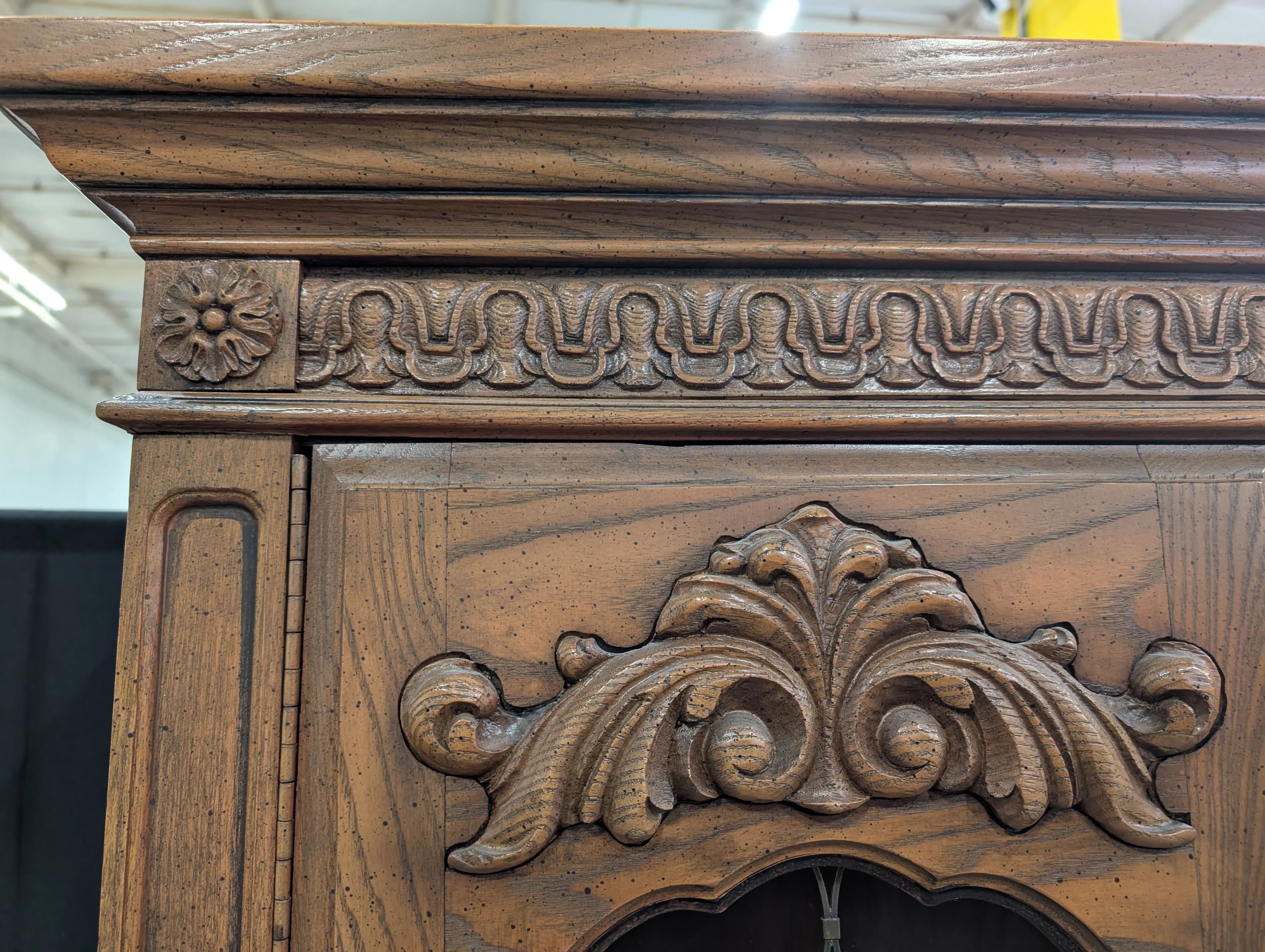 Ornate Wood Display Cabinet with Leaded Glass Doors - Image 3