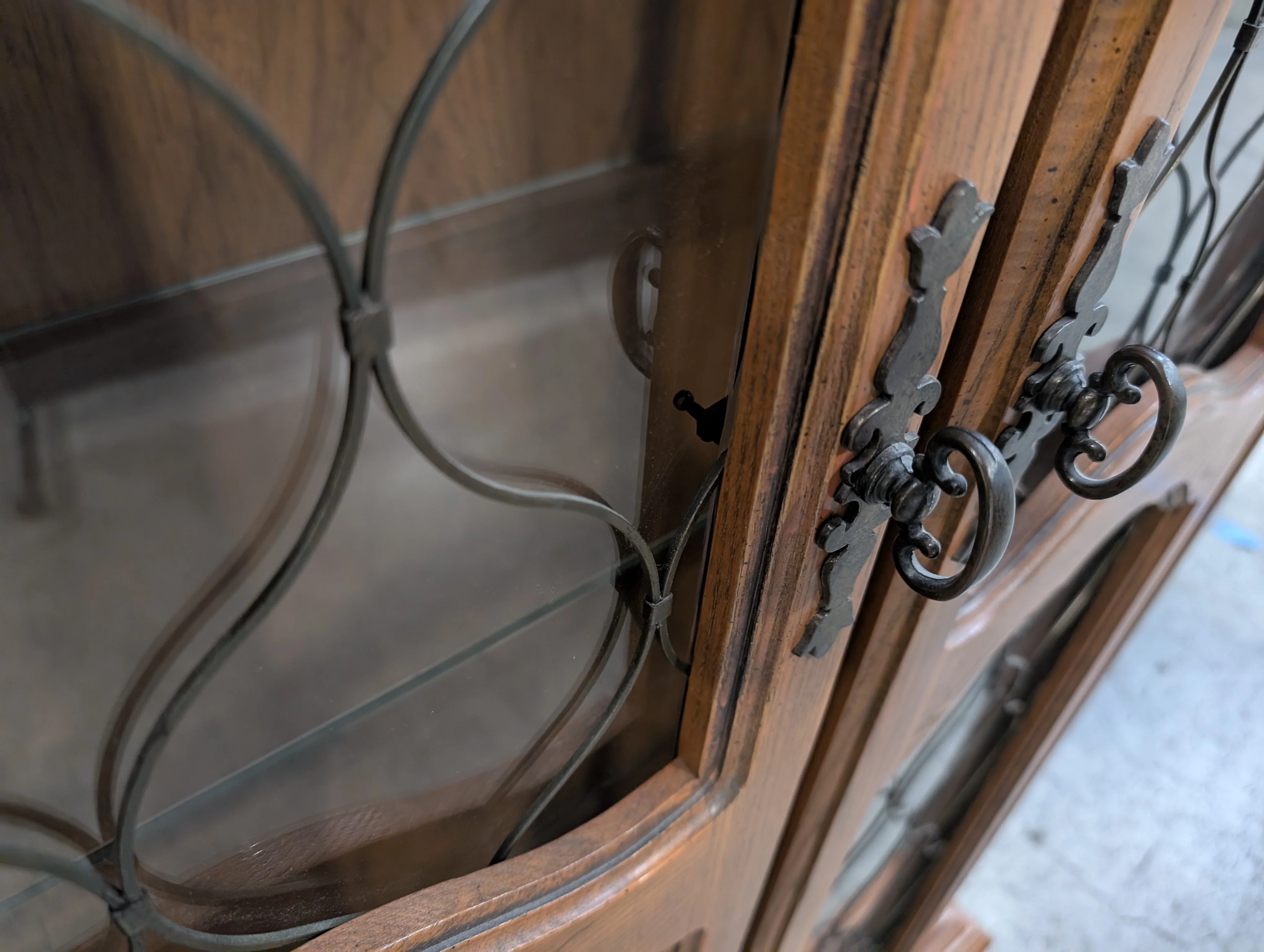 Ornate Wood Display Cabinet with Leaded Glass Doors - Image 5