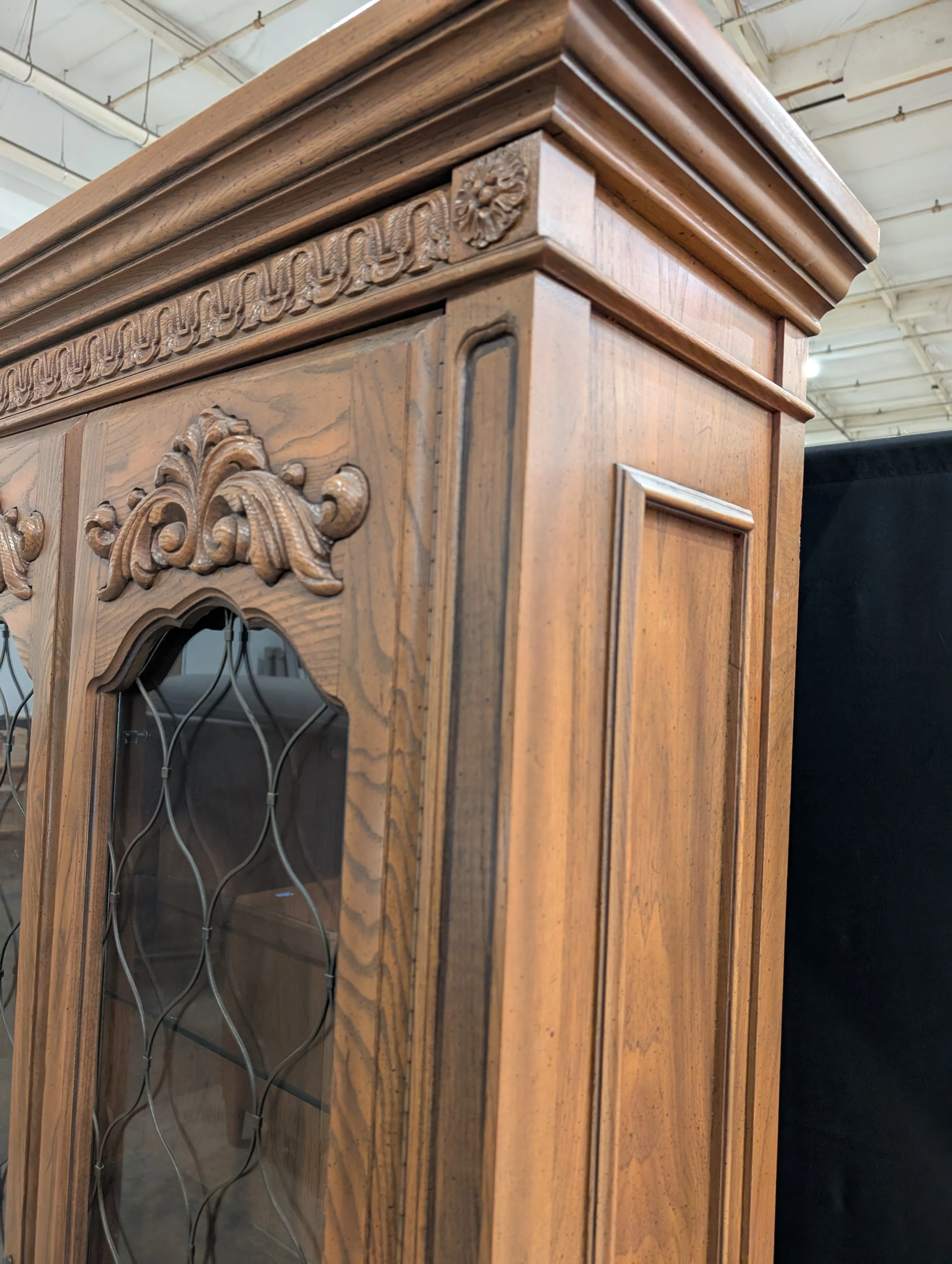 Ornate Wood Display Cabinet with Leaded Glass Doors - Image 6