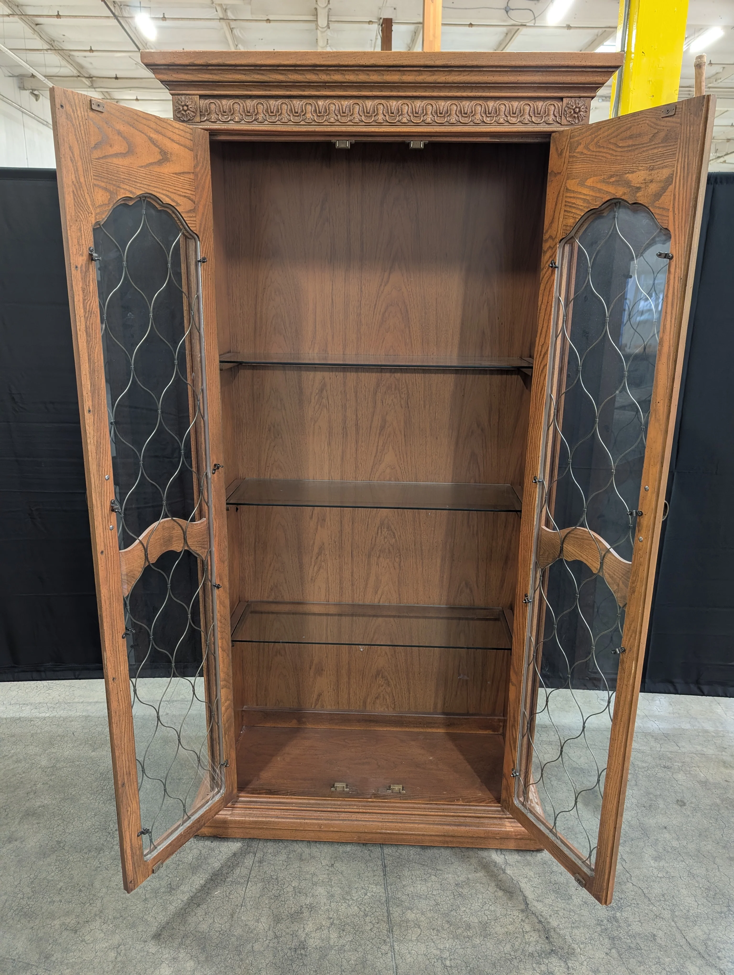 Ornate Wood Display Cabinet with Leaded Glass Doors - Image 7