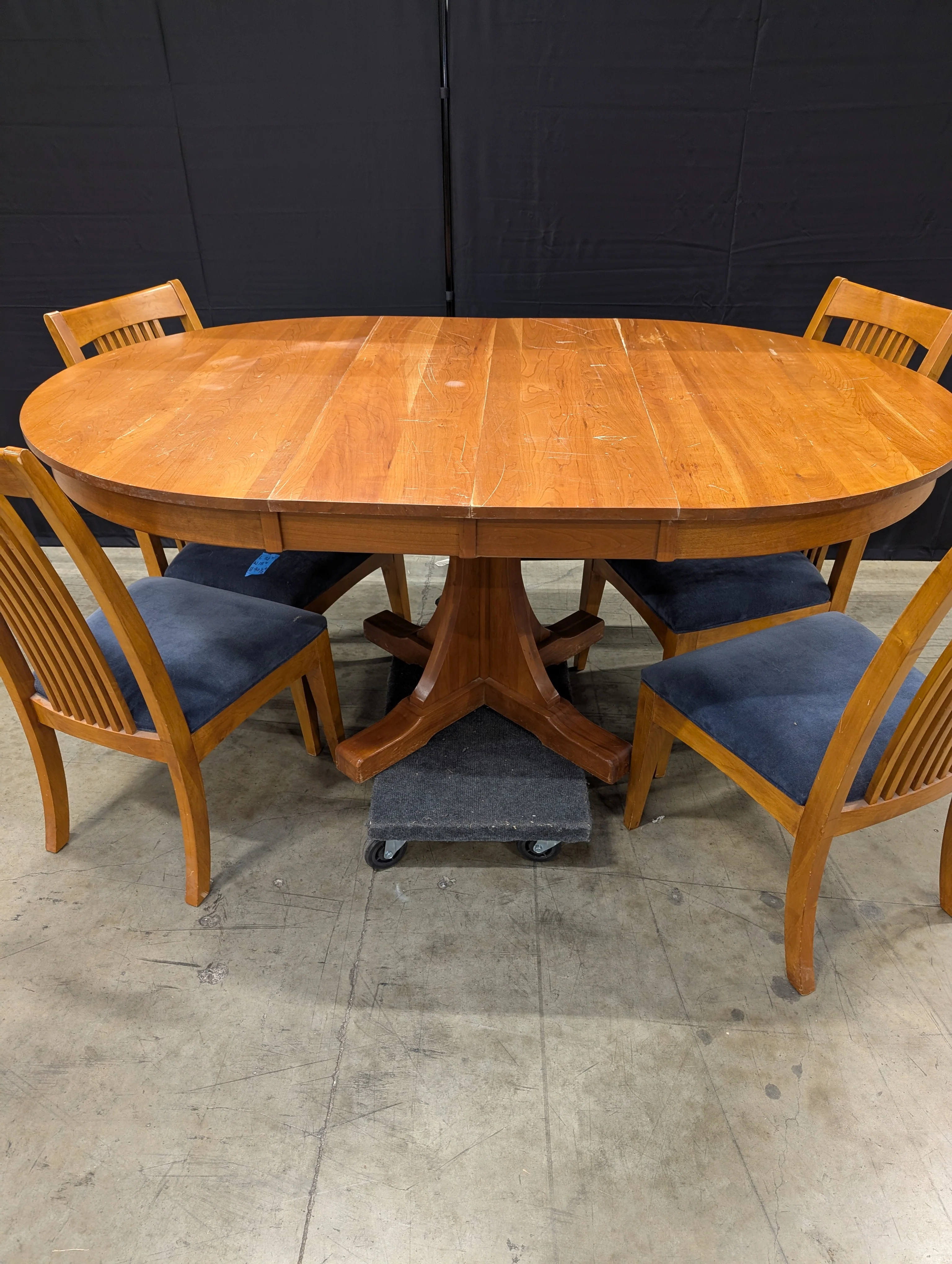 Classic Wood Pedestal Dining Table and Four Slat Back Chairs