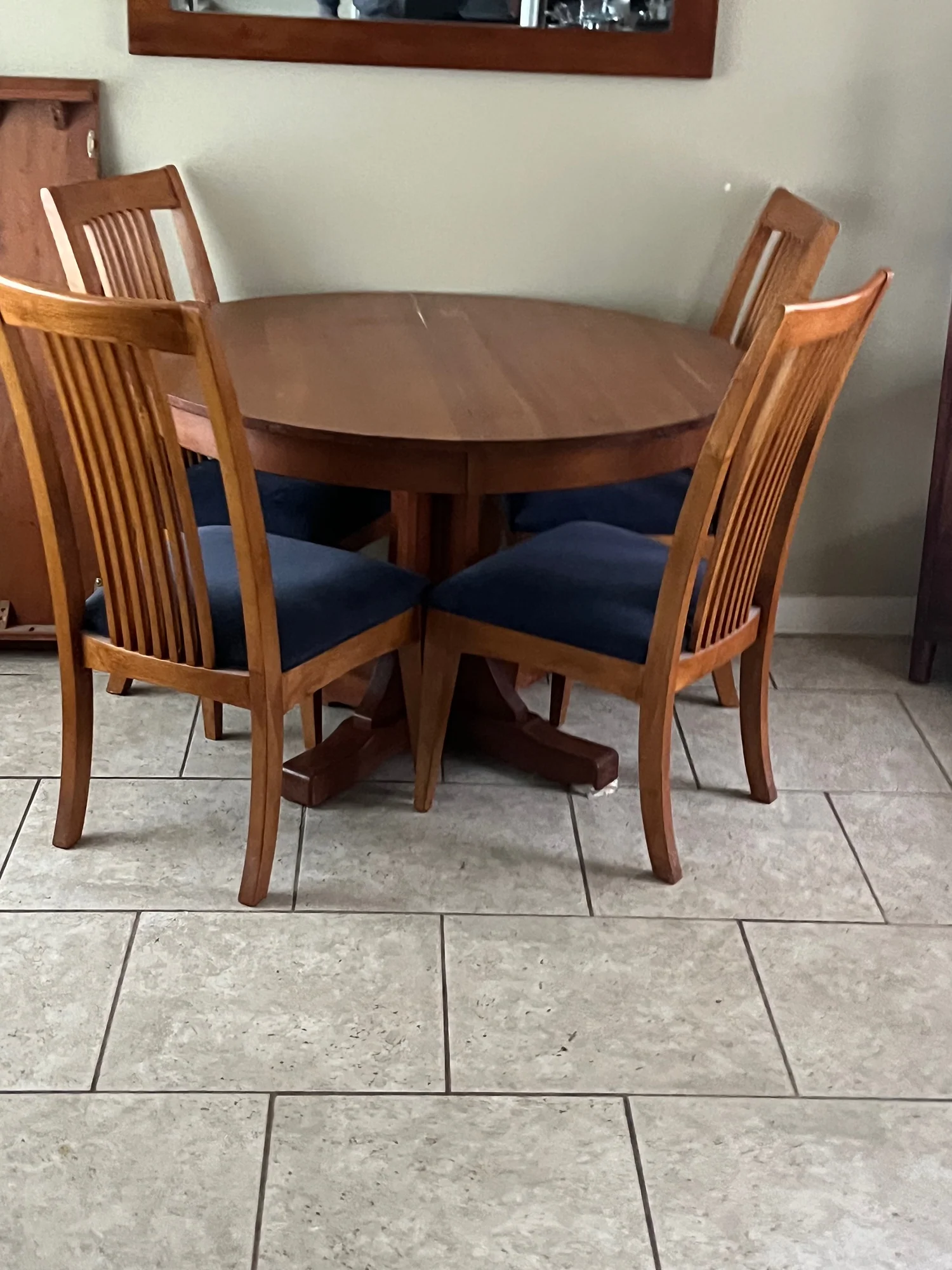 Classic Wood Pedestal Dining Table and Four Slat Back Chairs - Image 2