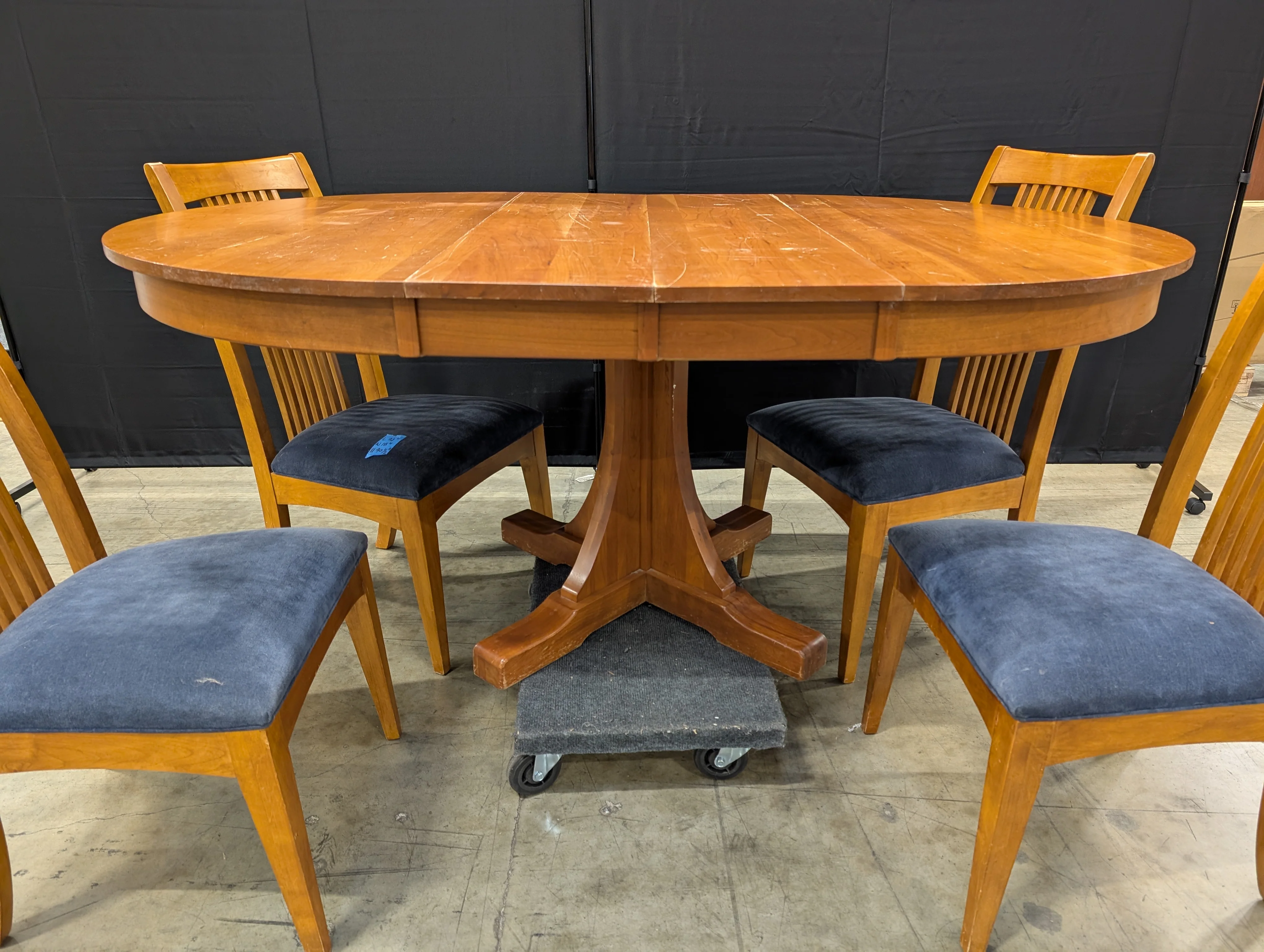 Classic Wood Pedestal Dining Table and Four Slat Back Chairs - Image 3