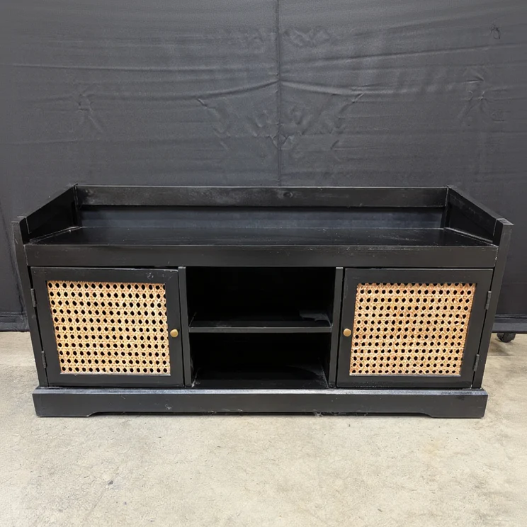 Modern Black Cane Door Storage Cabinet Media Console