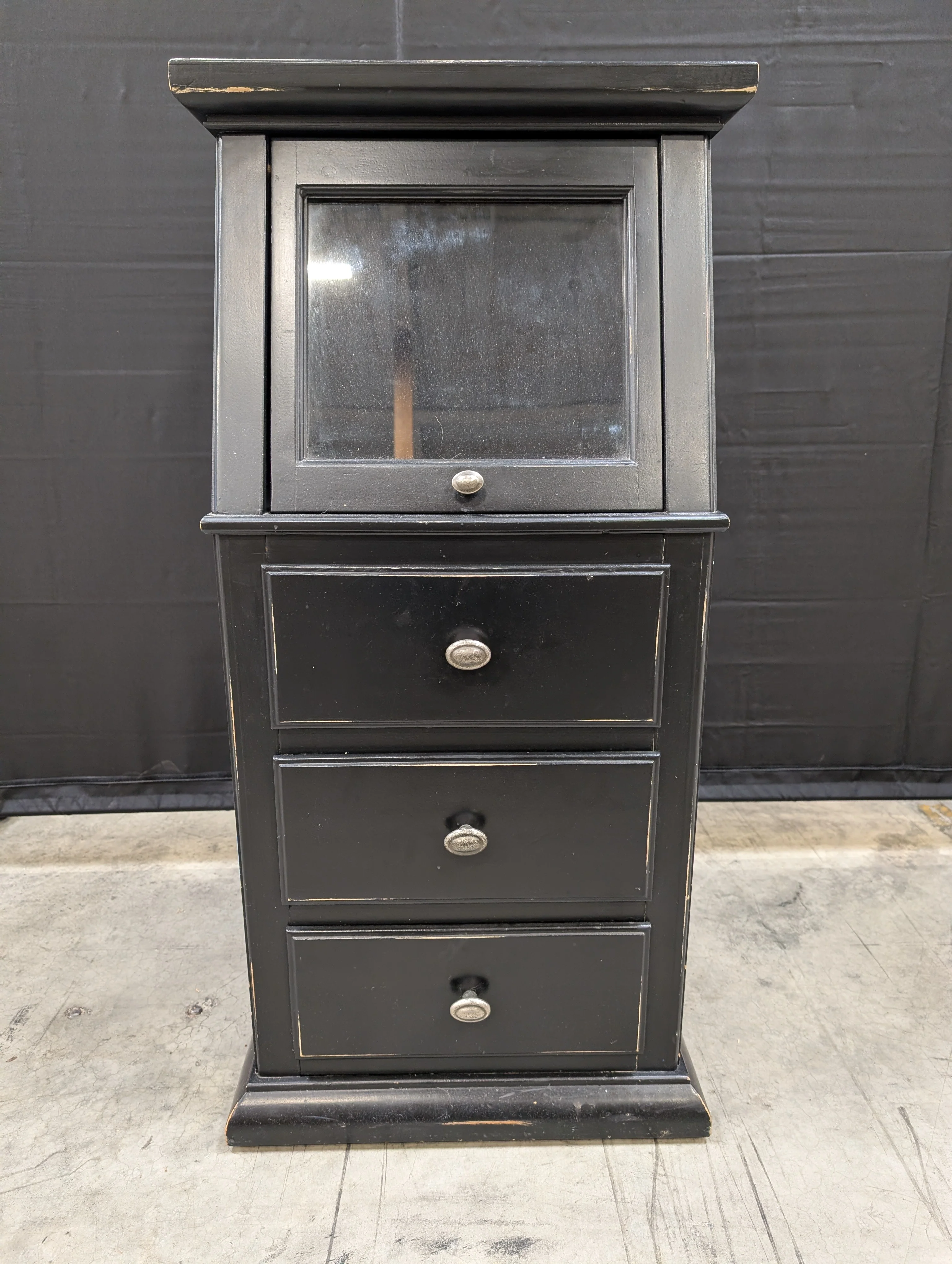 Black Wood Tall Storage Cabinet with Glass Panel Door and Three Drawers