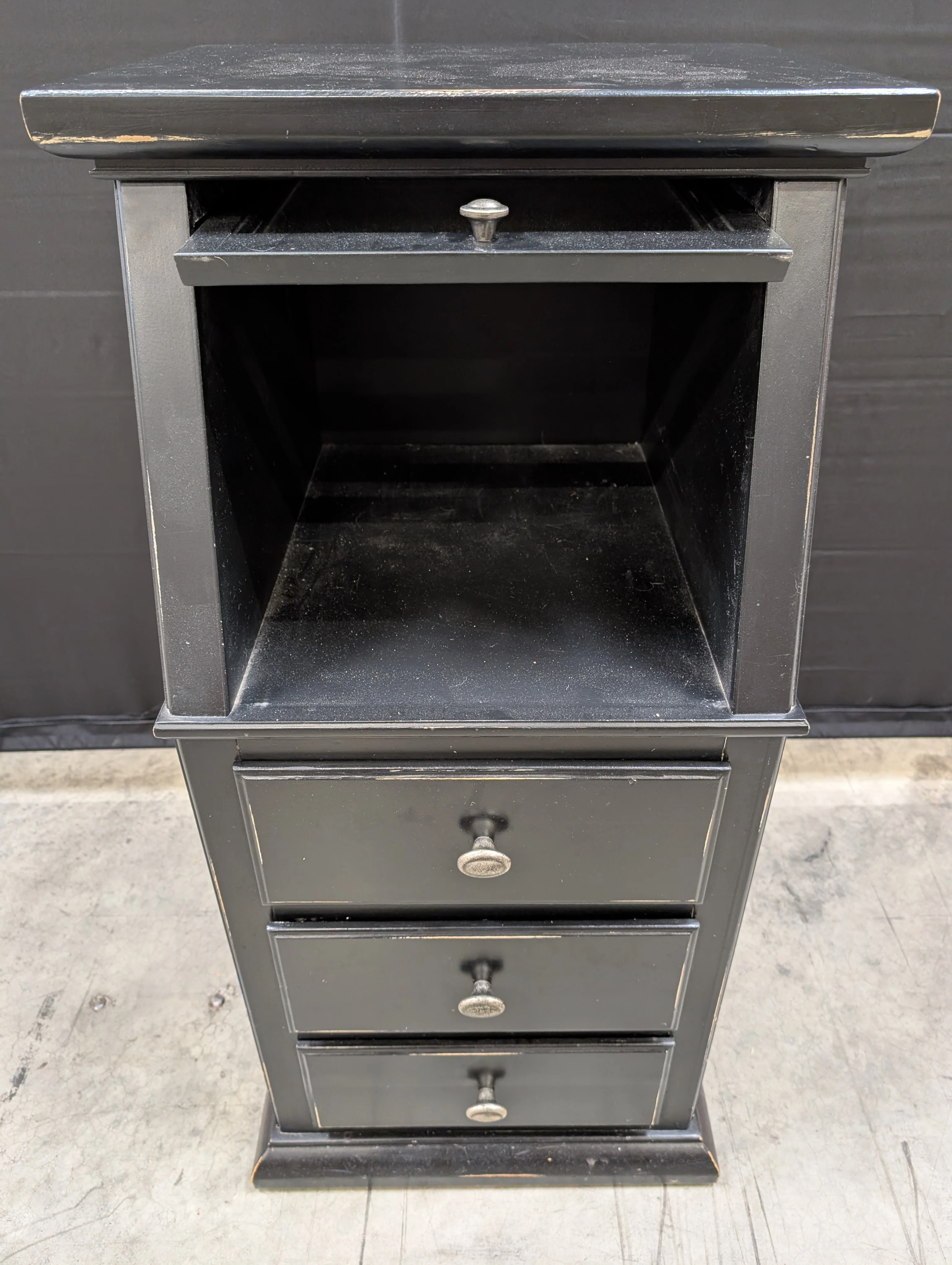 Black Wood Tall Storage Cabinet with Glass Panel Door and Three Drawers - Image 2