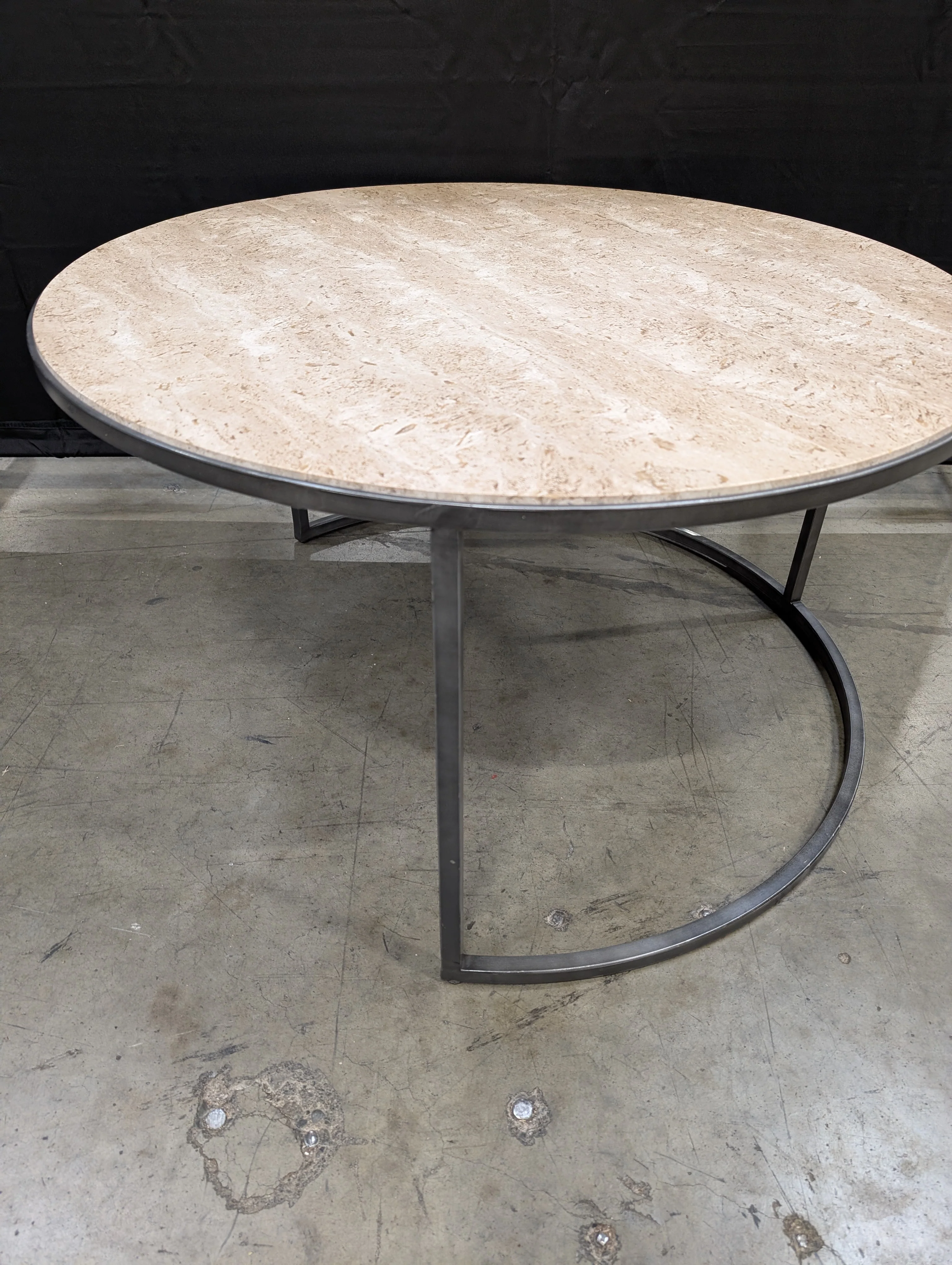 Modern Oval Stone Top Coffee Table with Dark Metal Base