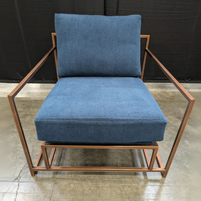 Contemporary Metal Frame Armchair with Deep Blue Cushions