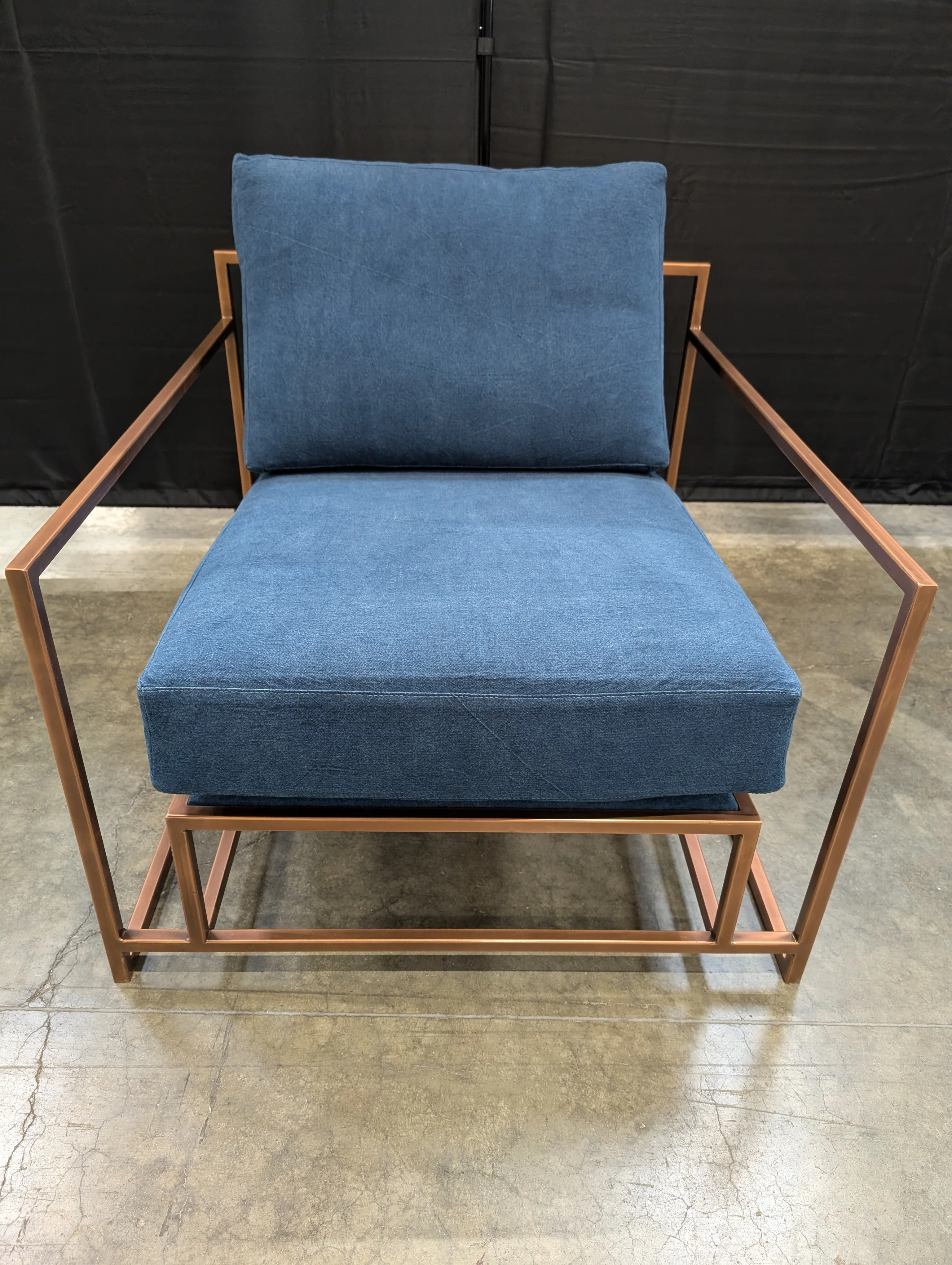 Contemporary Metal Frame Armchair with Deep Blue Cushions - Image 2