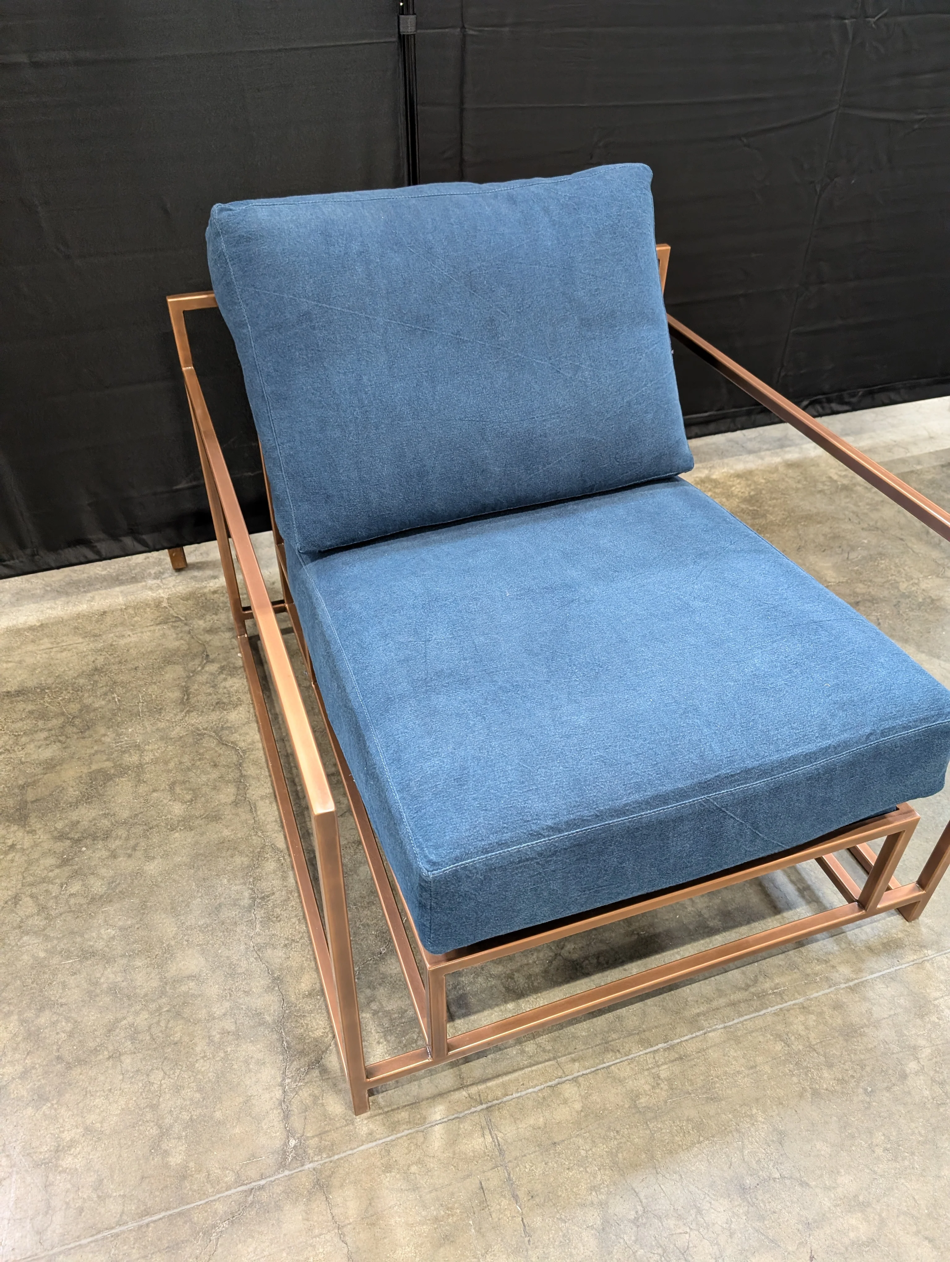 Contemporary Metal Frame Armchair with Deep Blue Cushions - Image 3