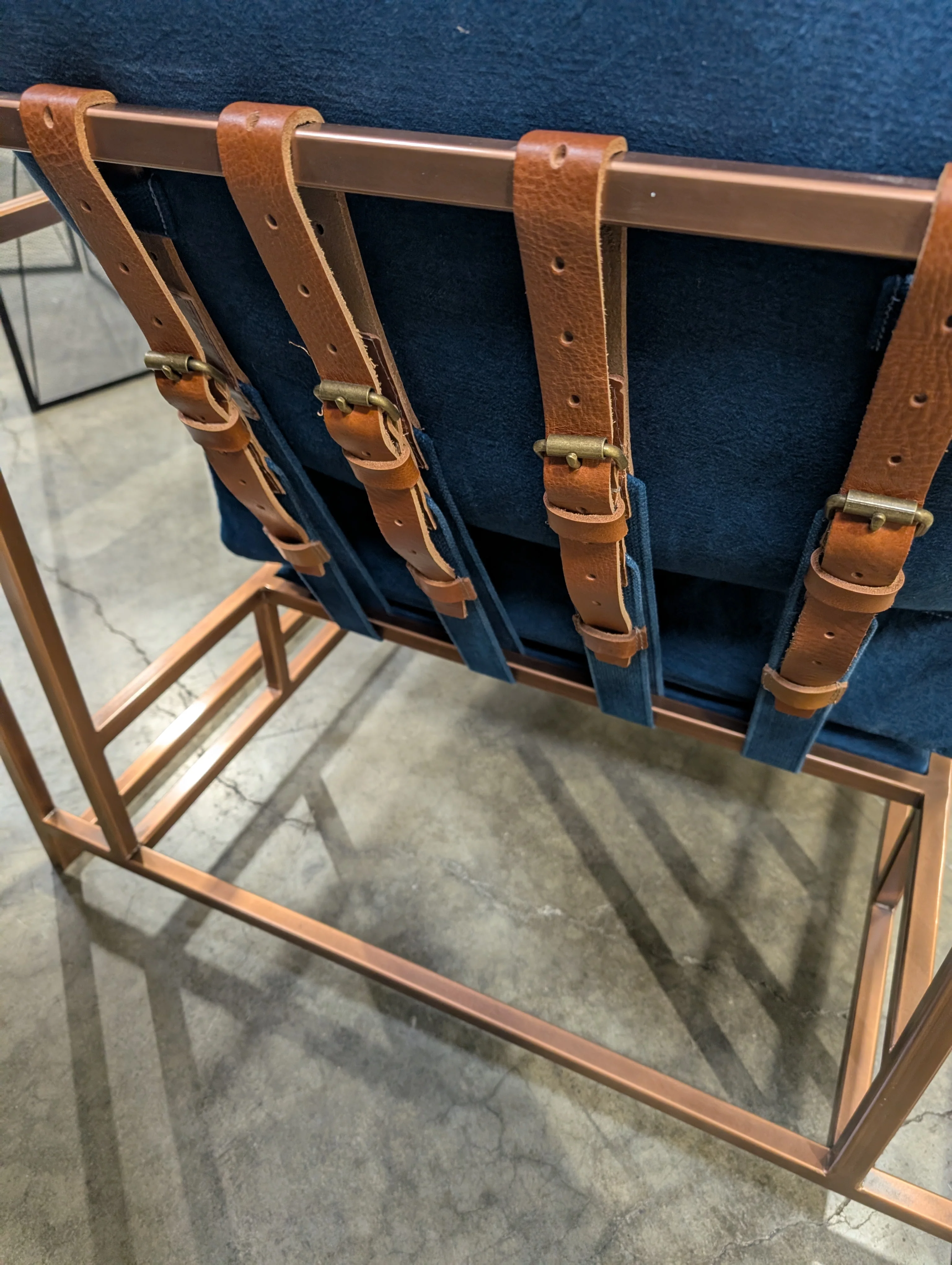 Contemporary Metal Frame Armchair with Deep Blue Cushions - Image 4