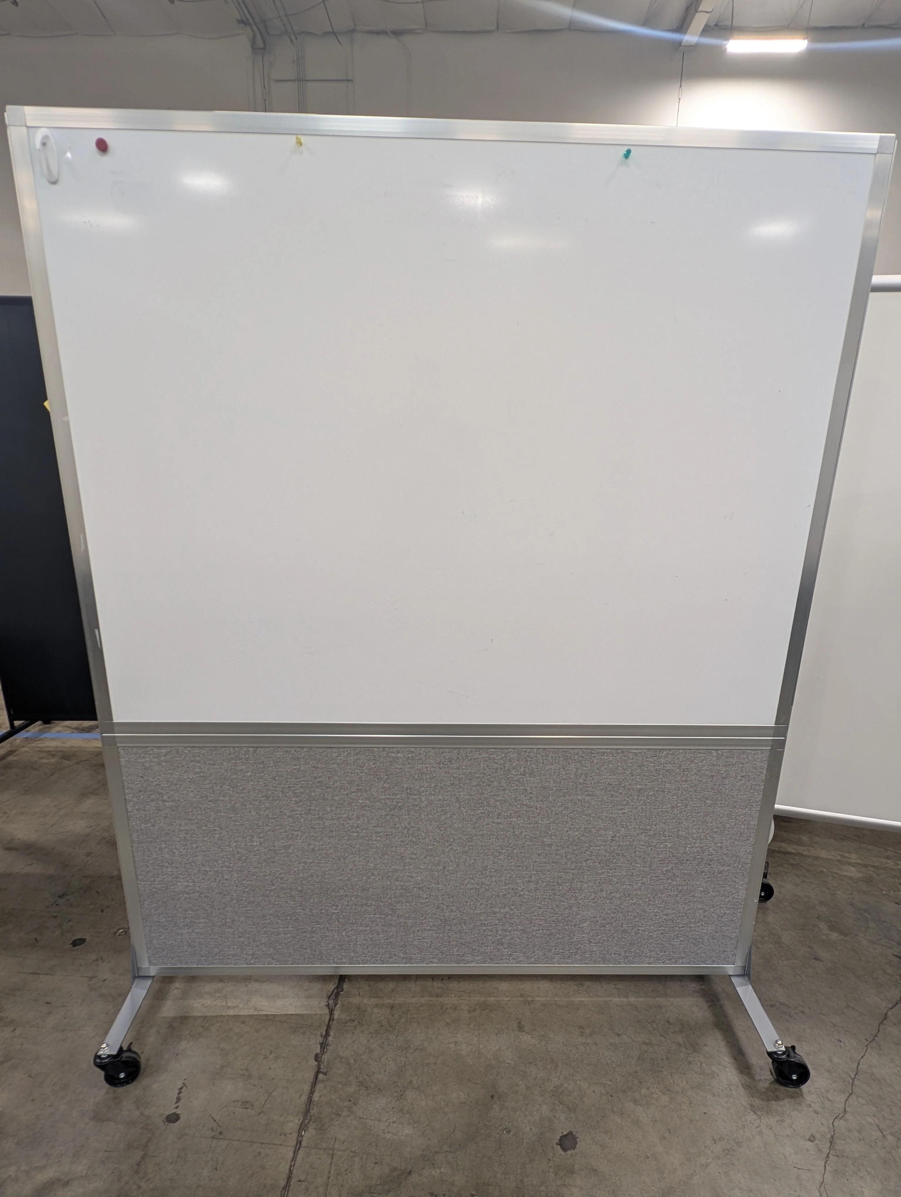Rolling Office Partition with Whiteboard and Grey Fabric Panel