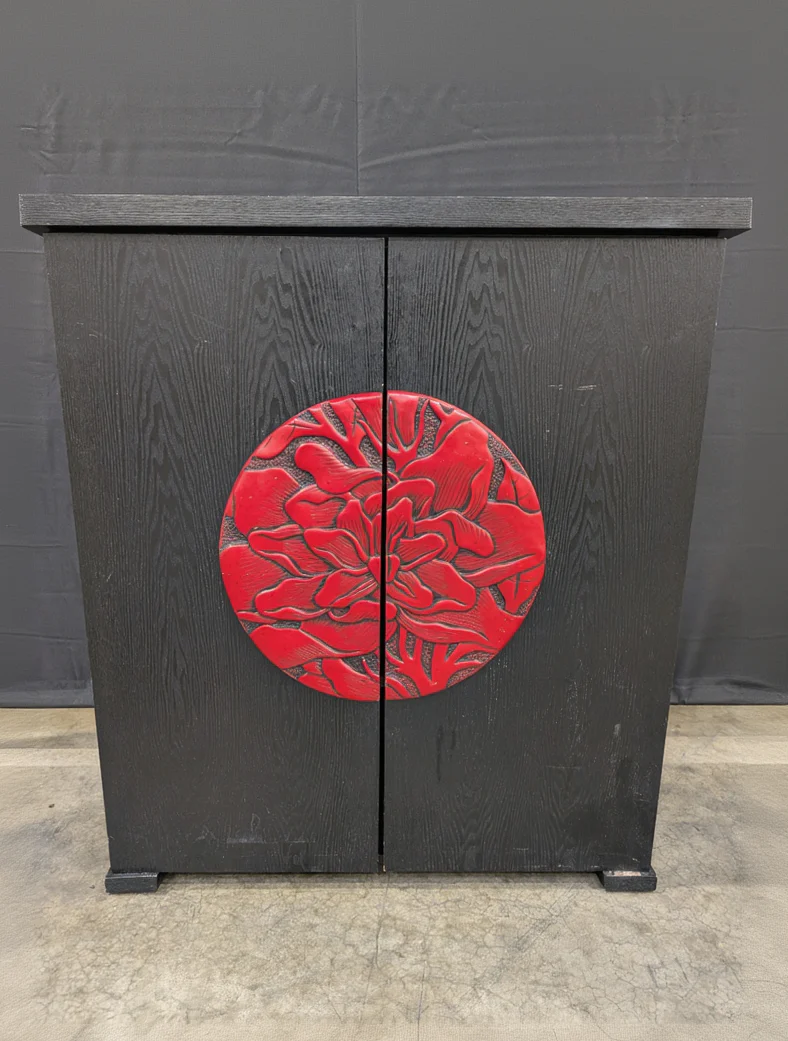 Decorative Black Wood Cabinet with Red Floral Motif Doors