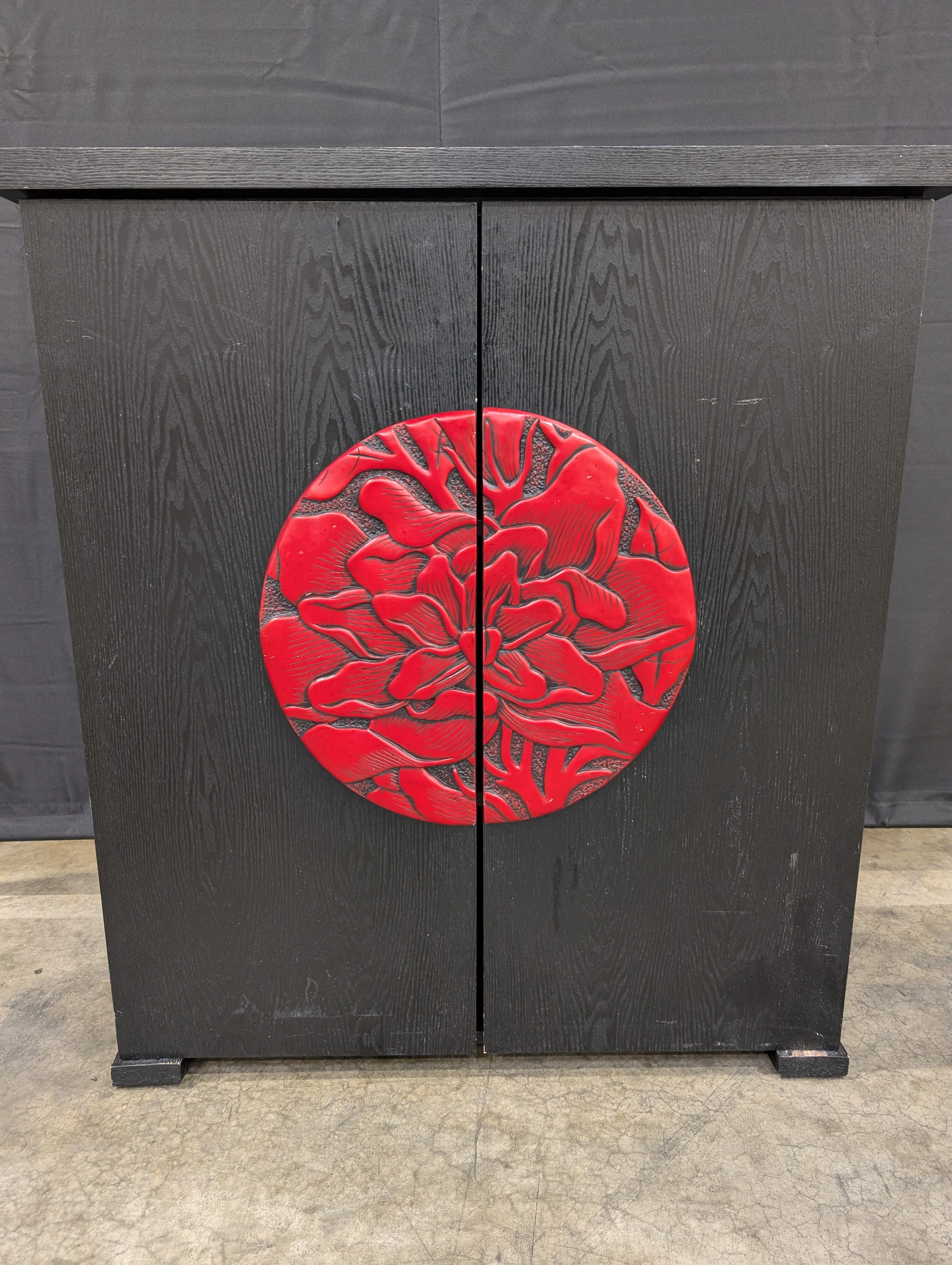 Decorative Black Wood Cabinet with Red Floral Motif Doors - Image 2
