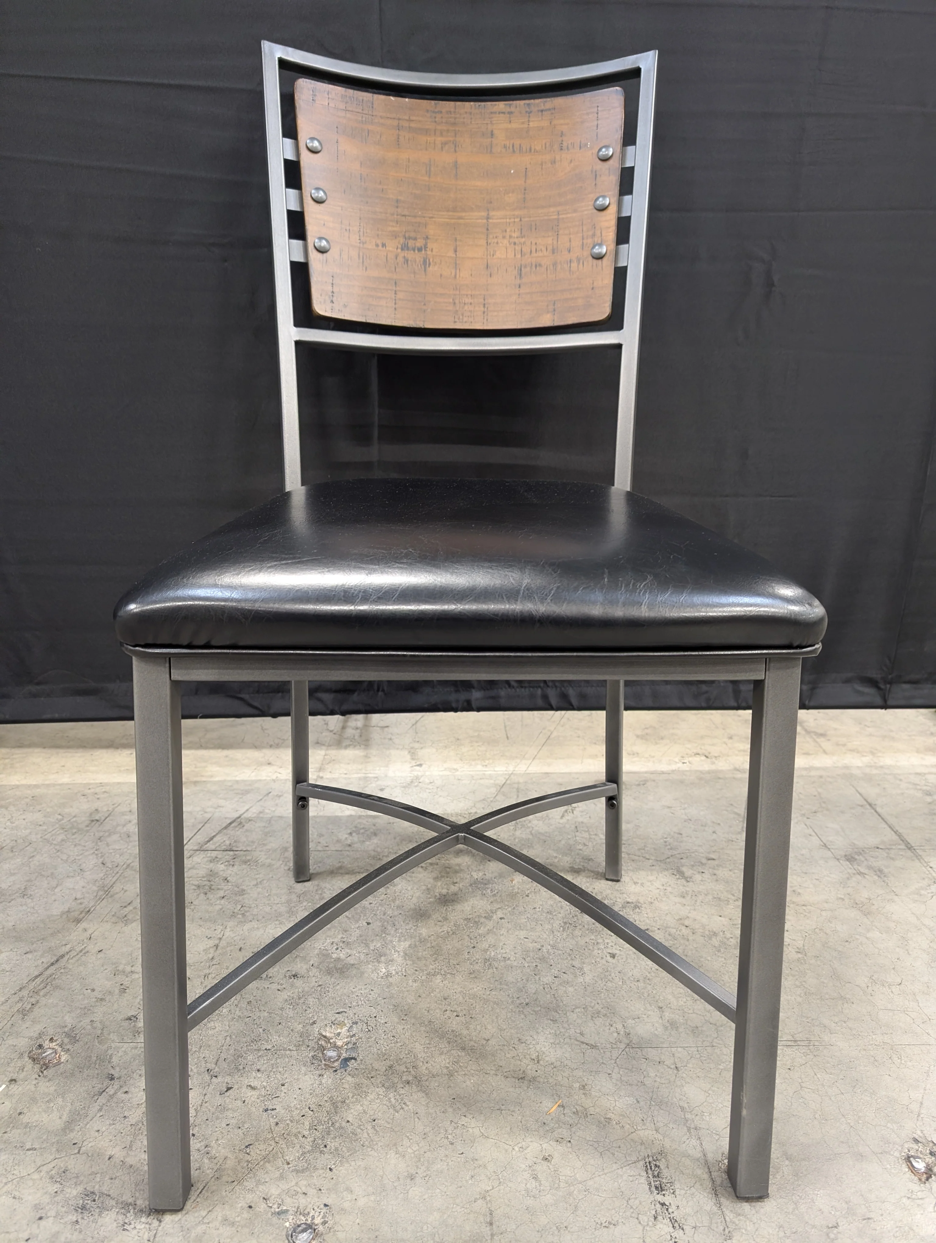Contemporary Metal Frame Chair with Wood Back and Black Upholstery - Image 2