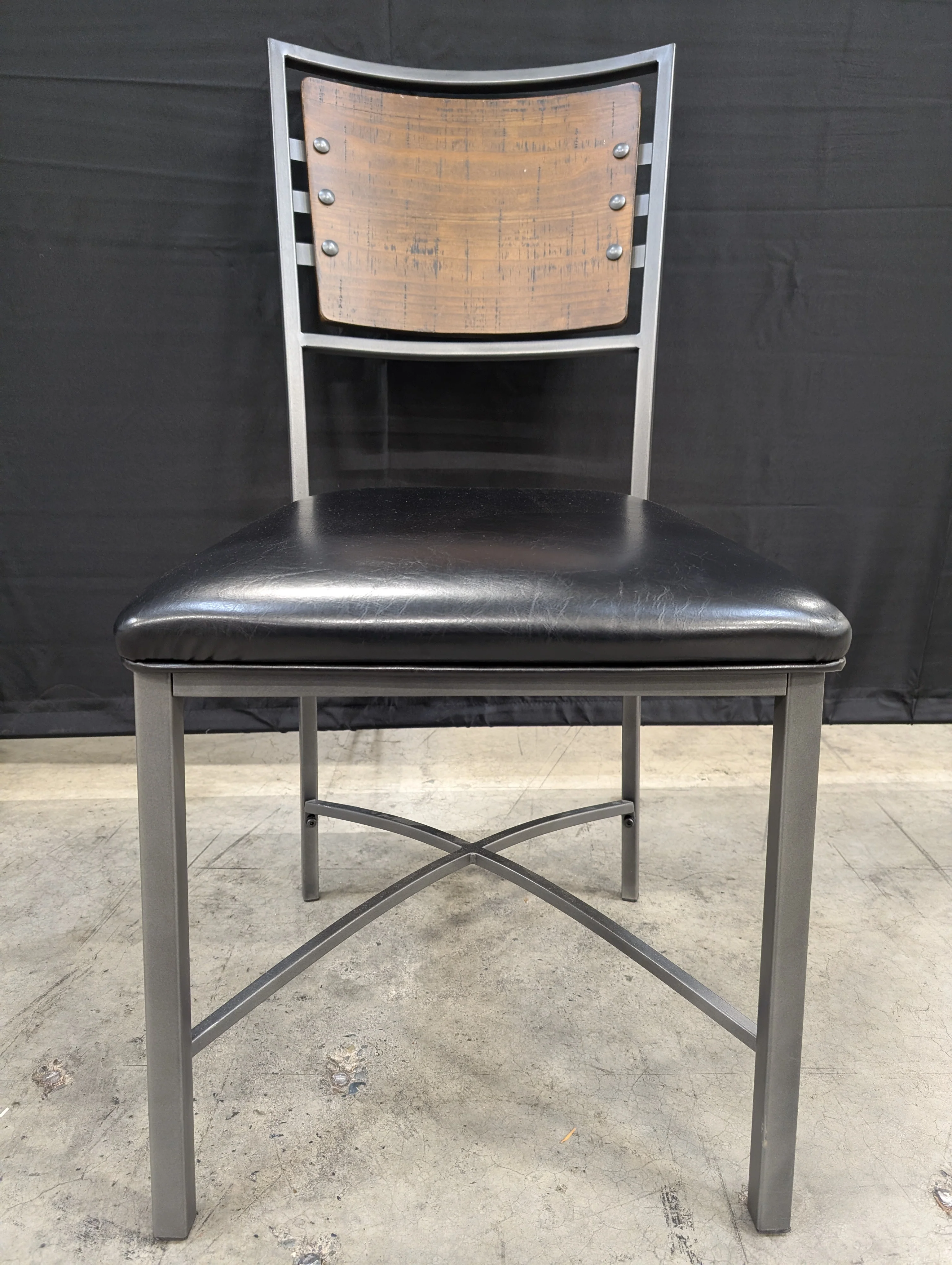 Contemporary Metal Frame Chair with Wood Back and Black Upholstery - Image 3