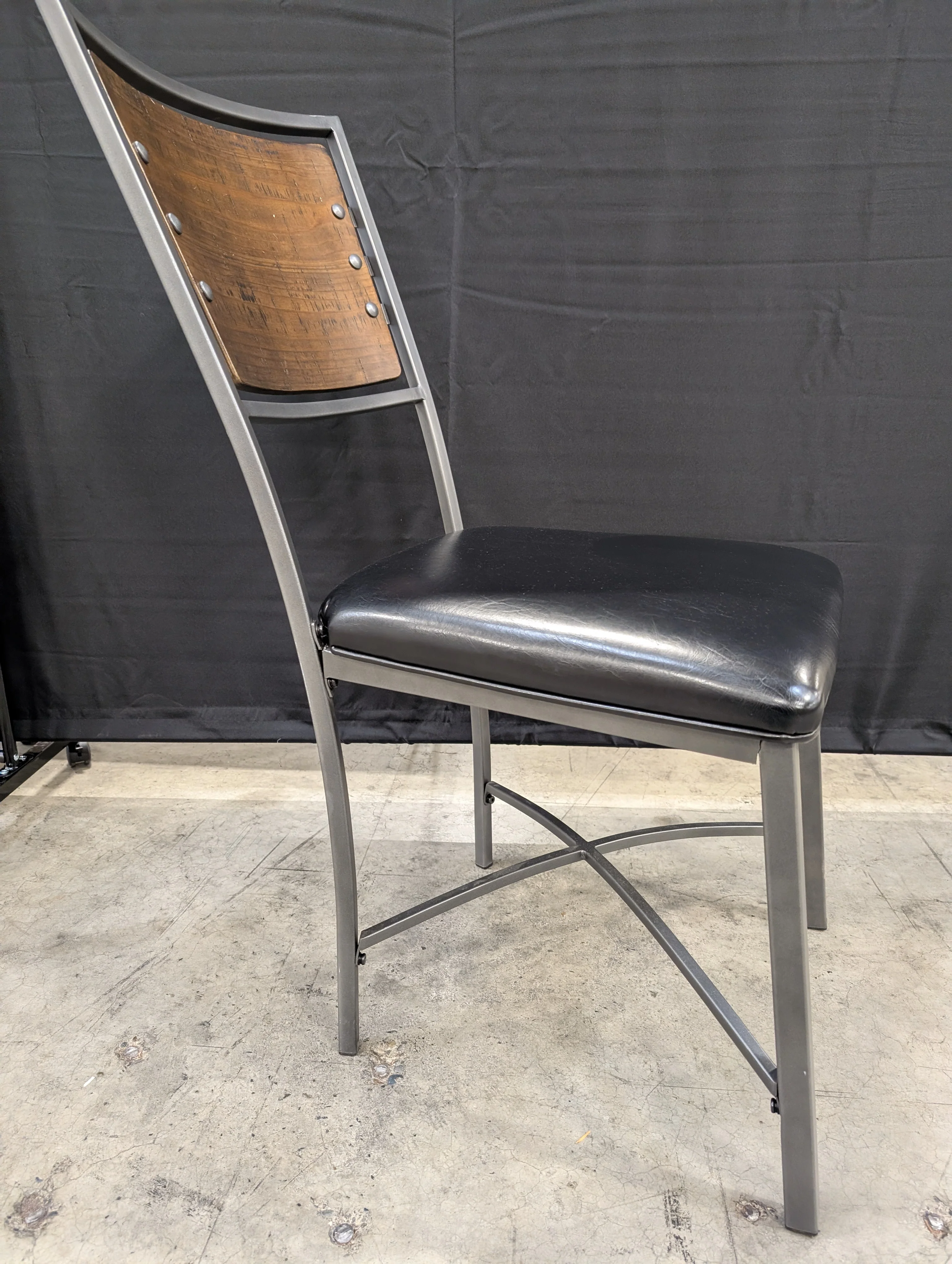 Contemporary Metal Frame Chair with Wood Back and Black Upholstery - Image 4