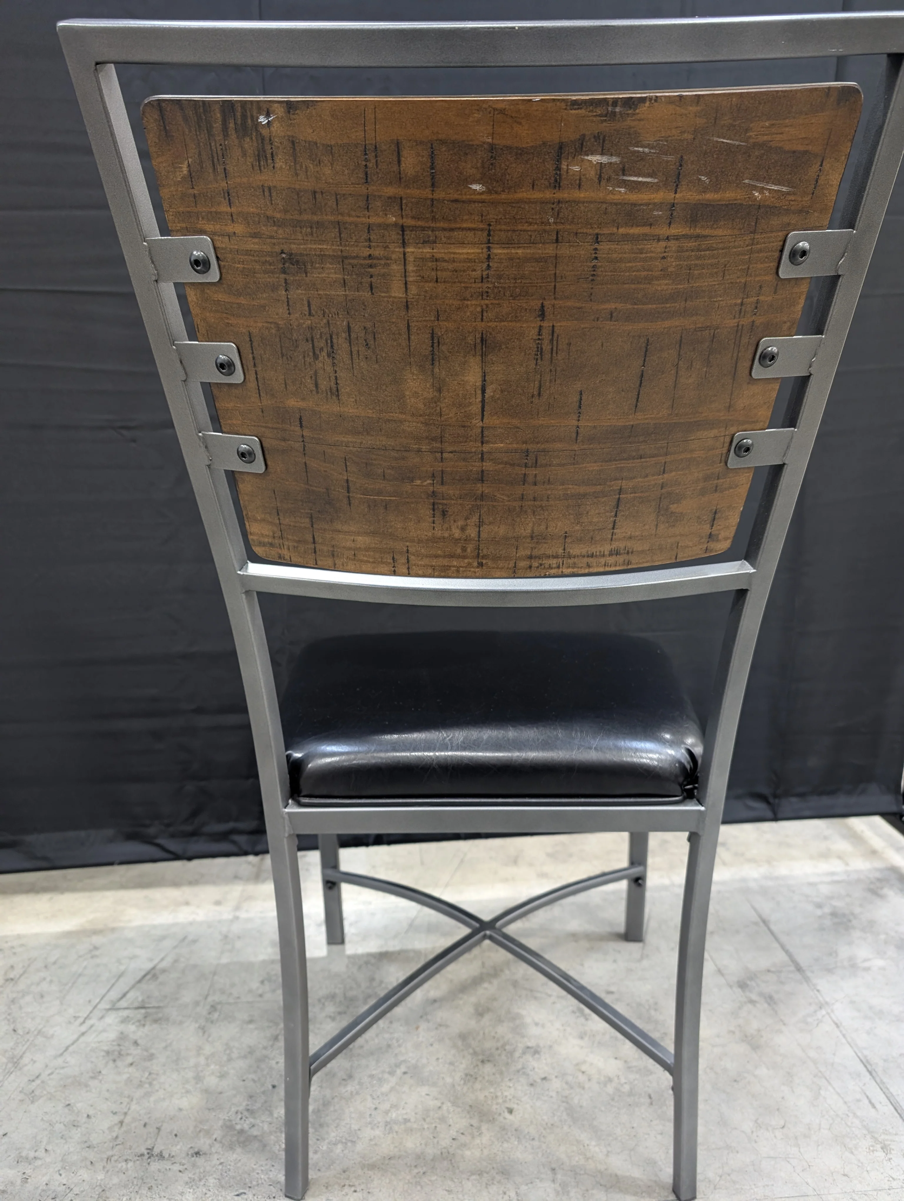 Contemporary Metal Frame Chair with Wood Back and Black Upholstery - Image 5