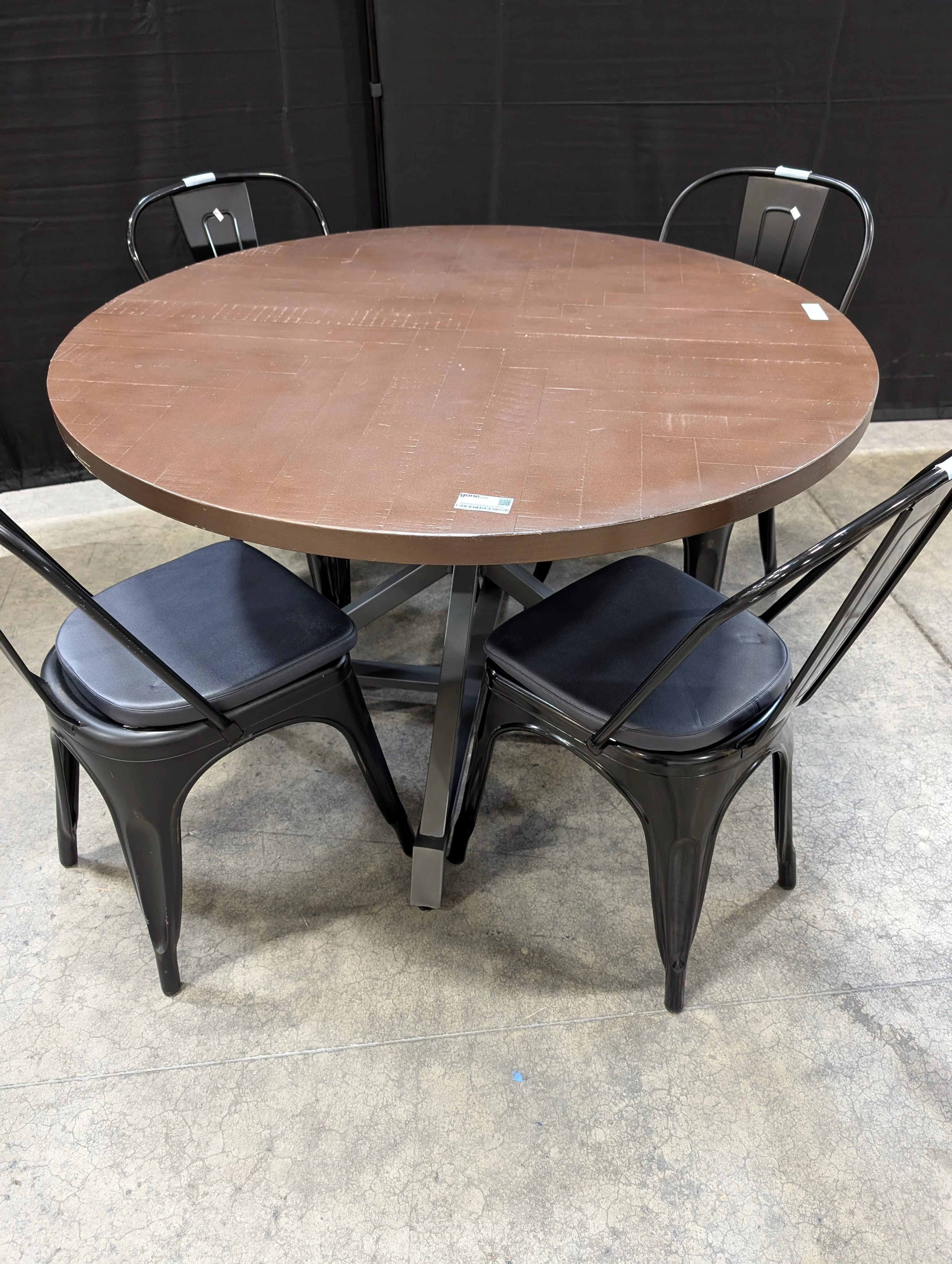 Industrial Style Round Dining Table with Four Black Metal Chairs - Image 7