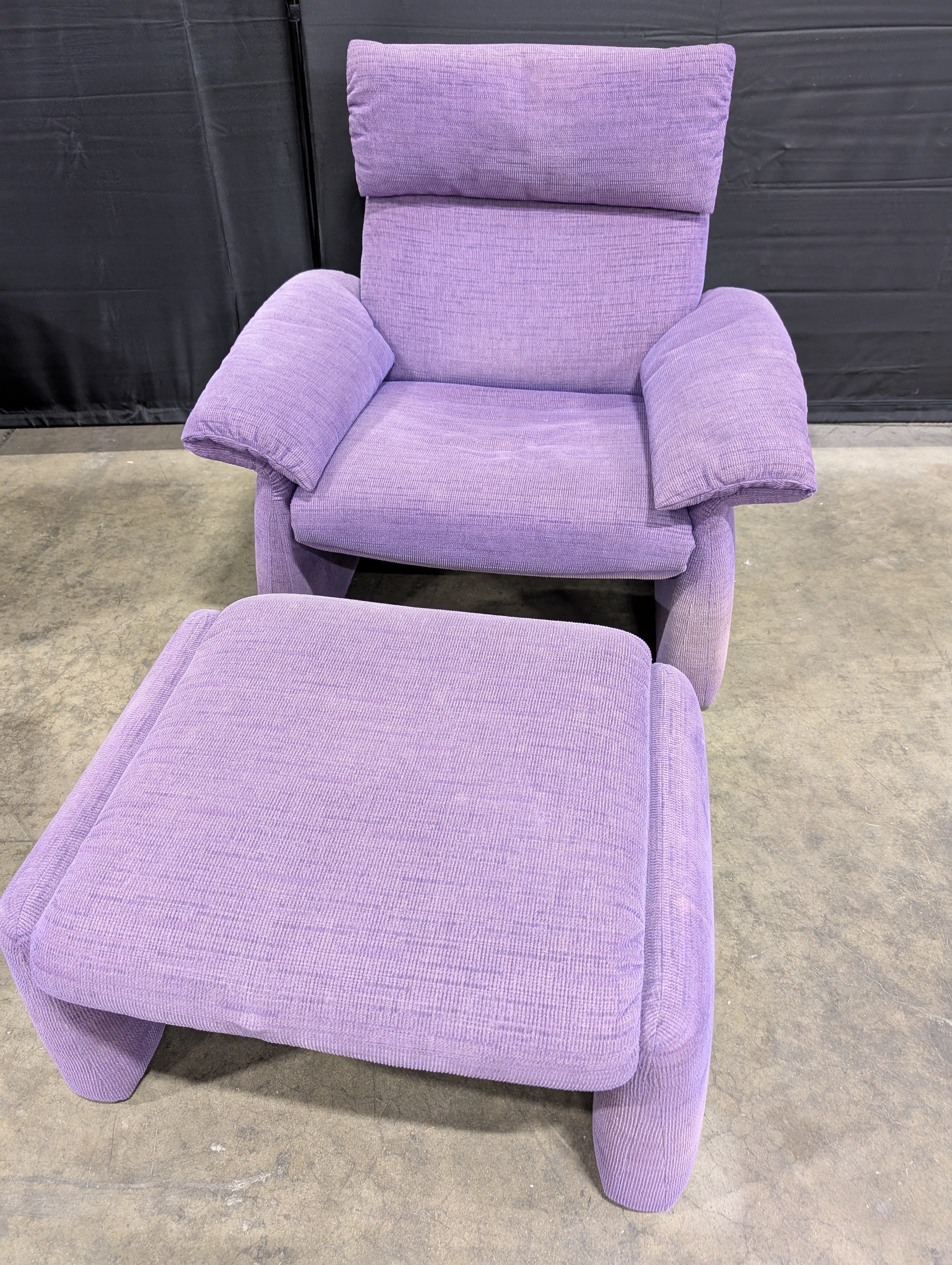 Used Purple Fabric Armchair with Matching Ottomans - Image 4