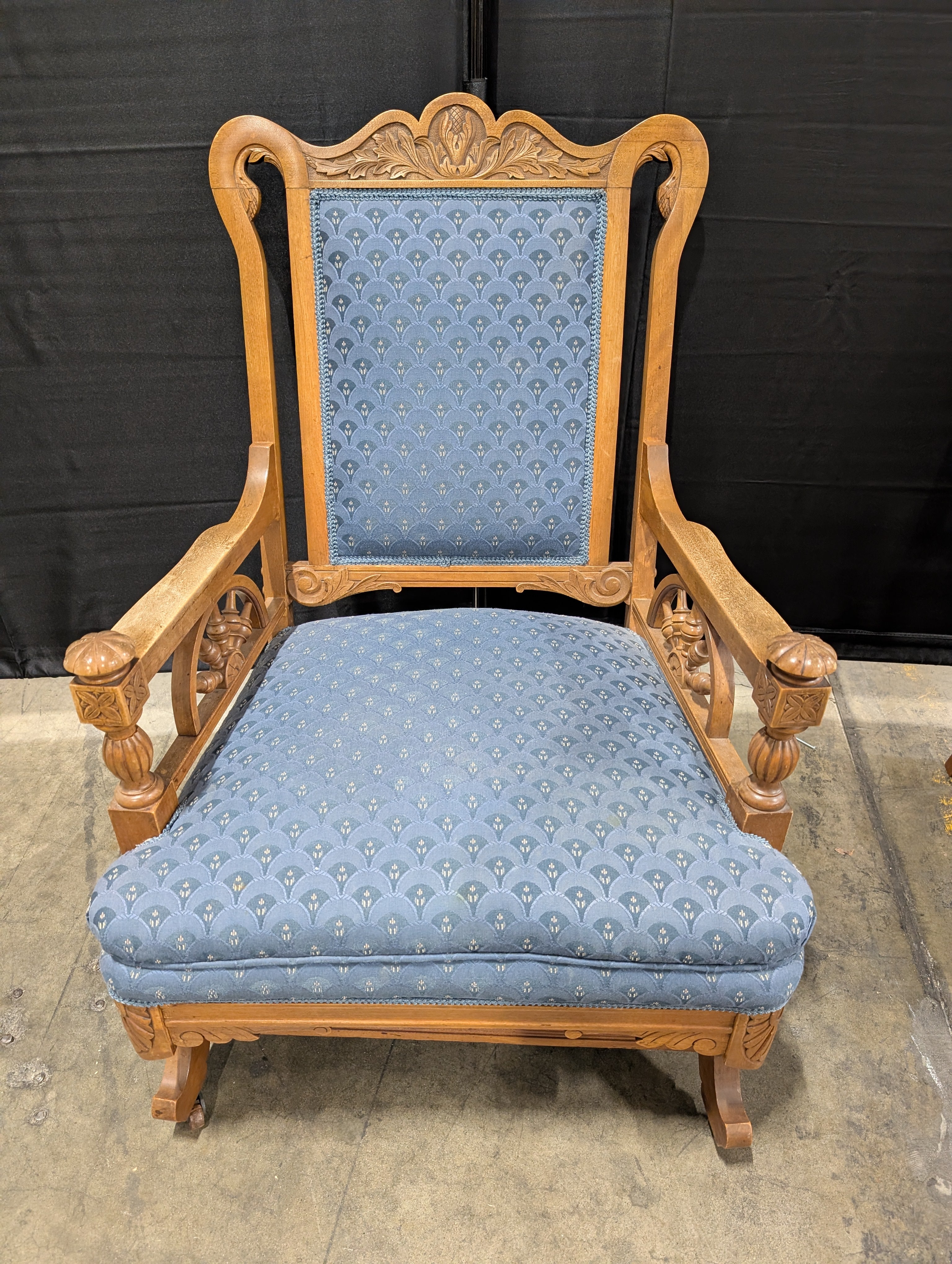 Carved Wood Armchair with Blue Patterned Upholstery