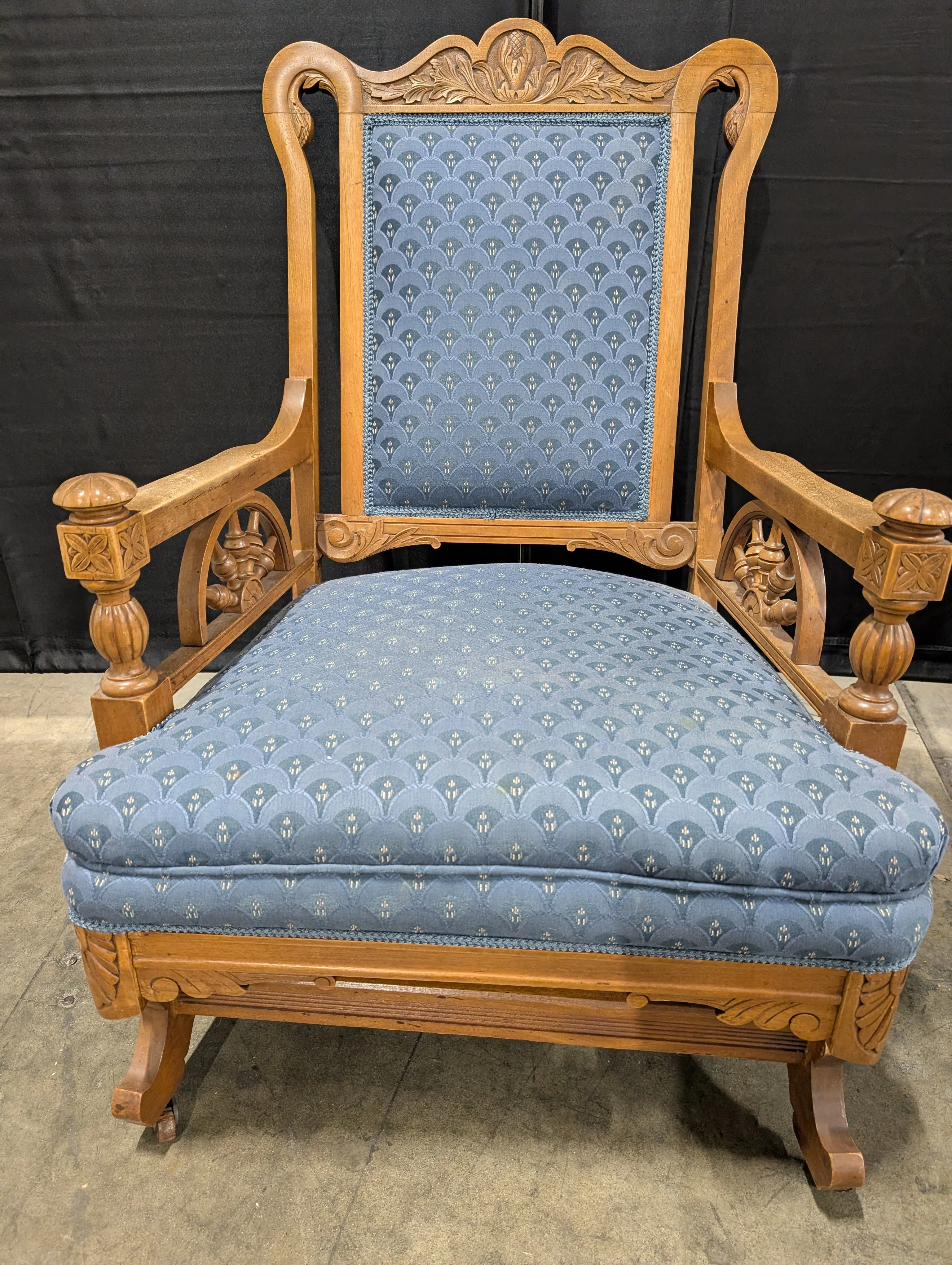 Carved Wood Armchair with Blue Patterned Upholstery - Image 2