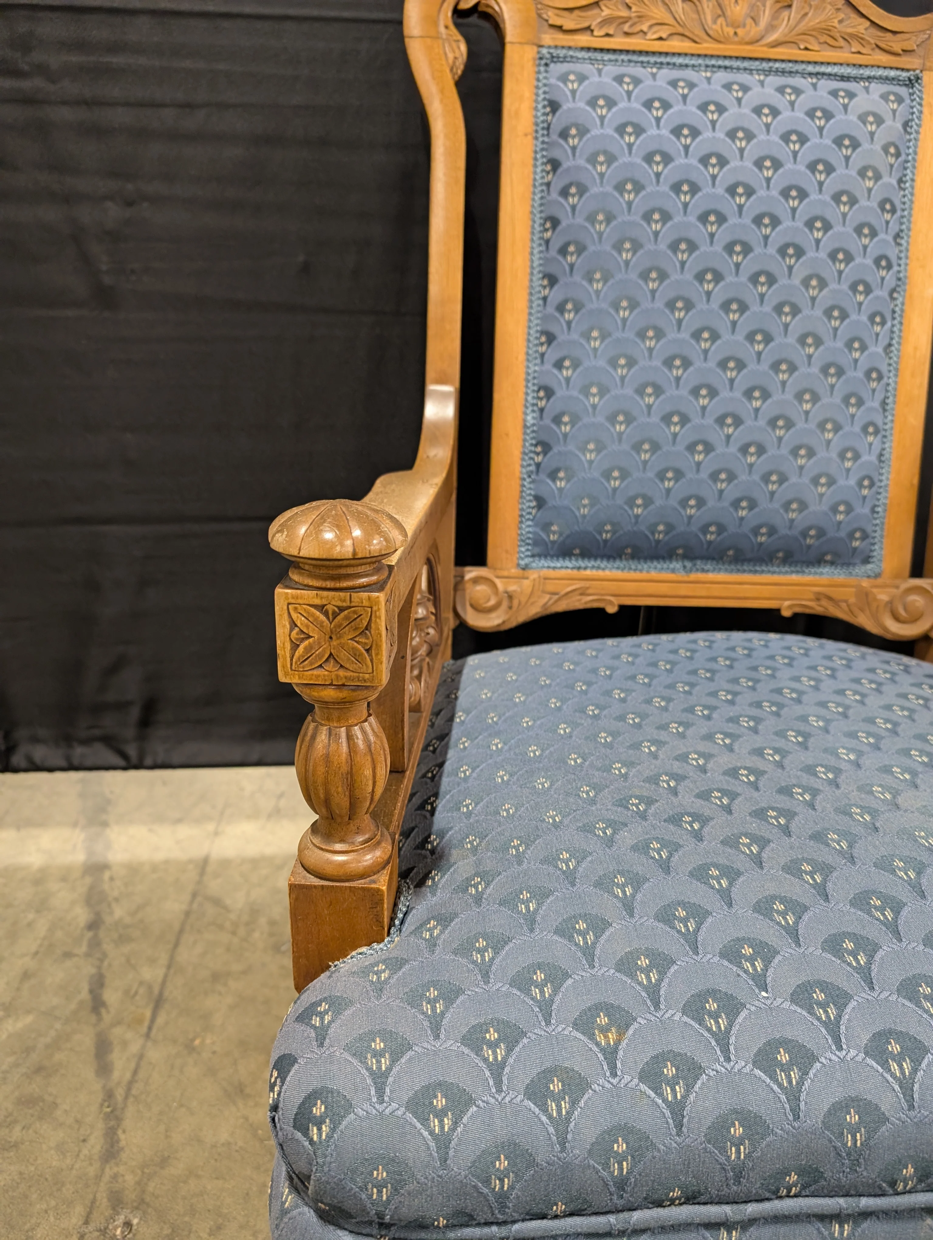 Carved Wood Armchair with Blue Patterned Upholstery - Image 3