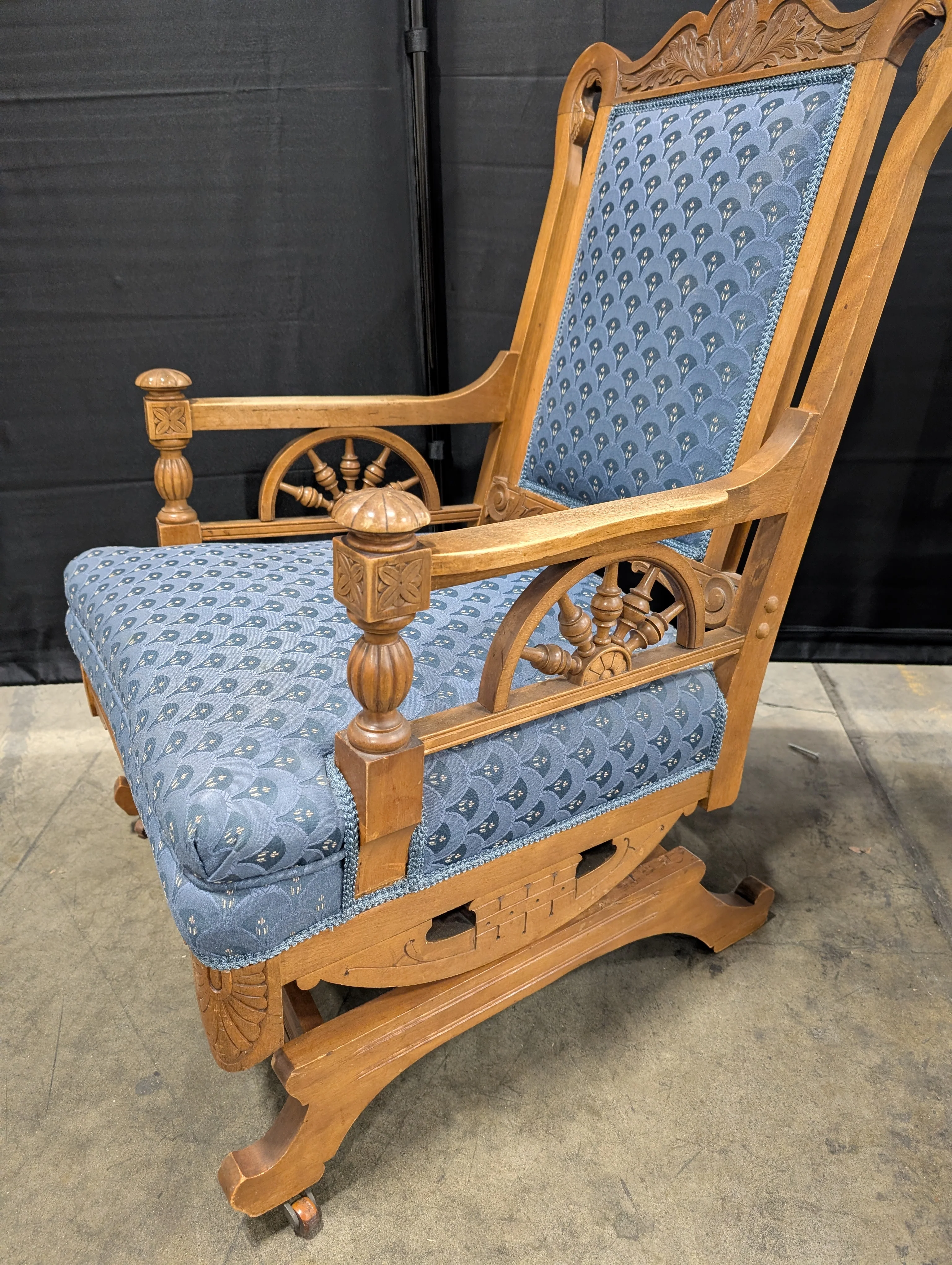 Carved Wood Armchair with Blue Patterned Upholstery - Image 4
