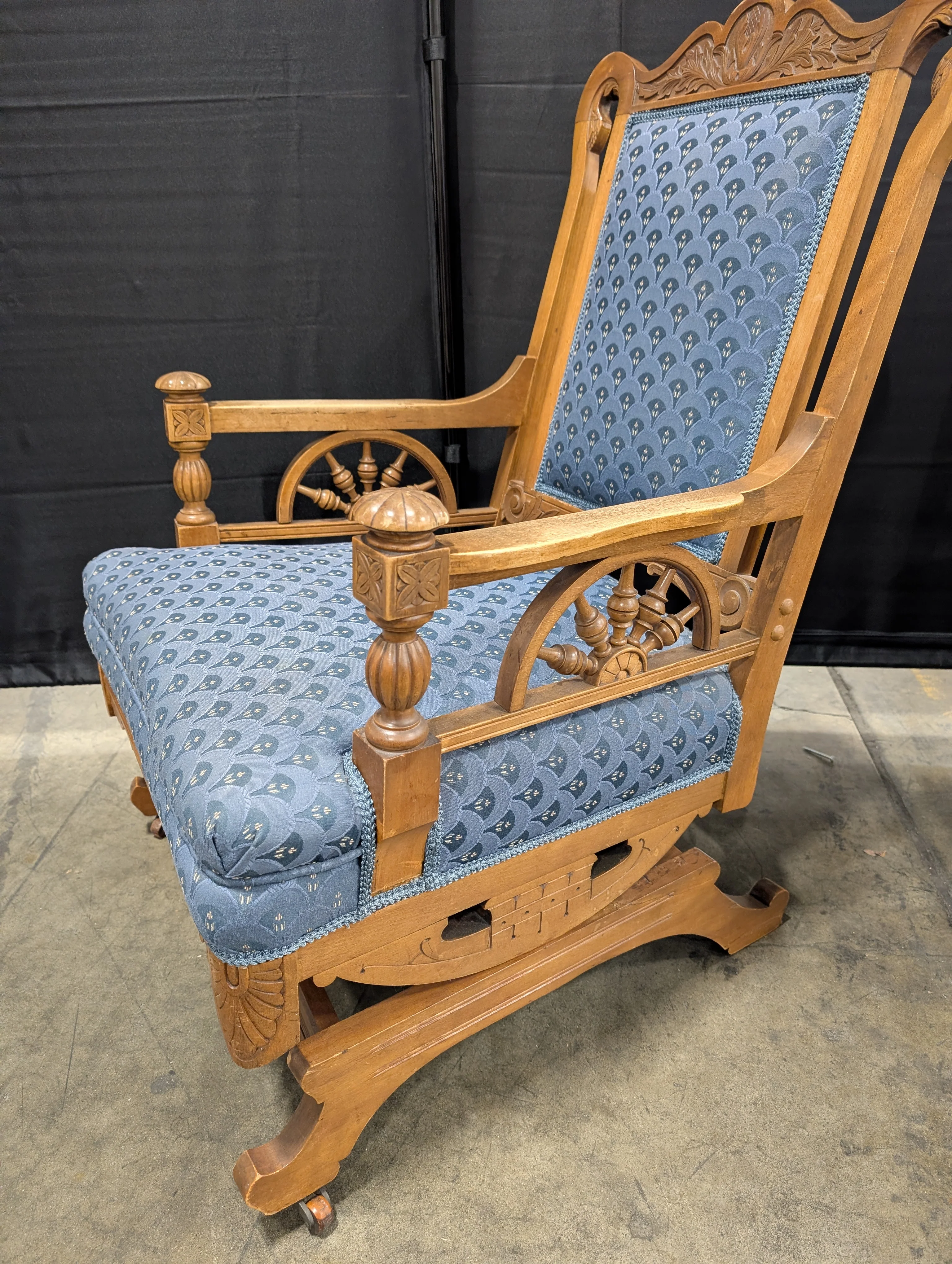 Carved Wood Armchair with Blue Patterned Upholstery - Image 5