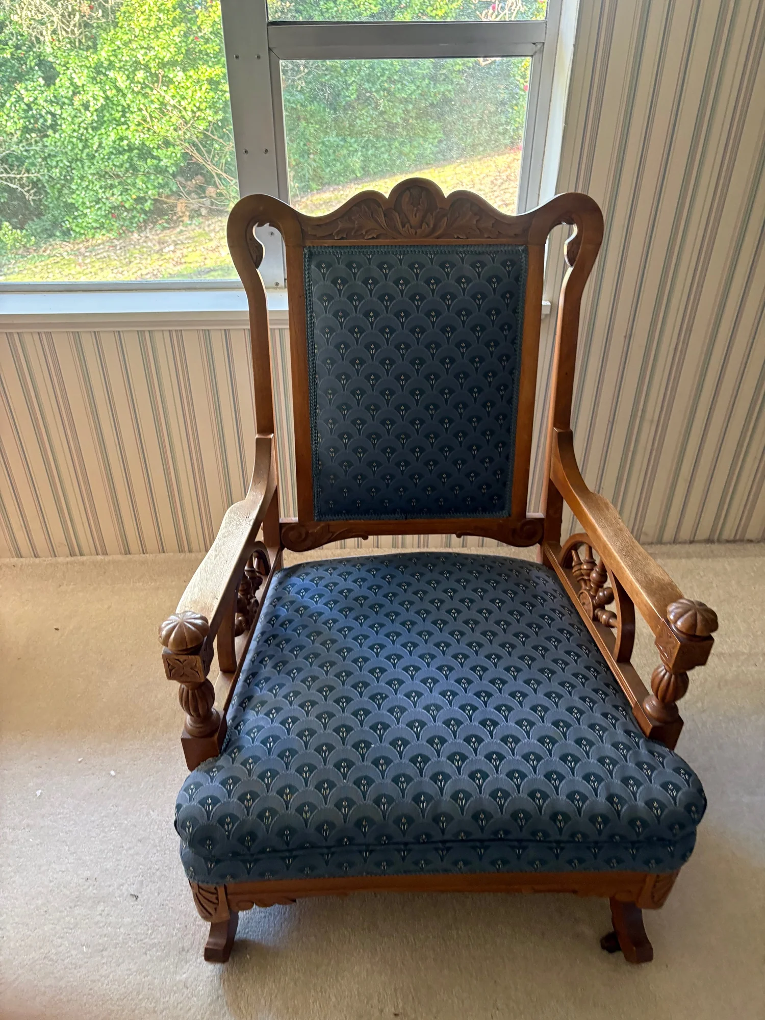 Carved Wood Armchair with Blue Patterned Upholstery - Image 6