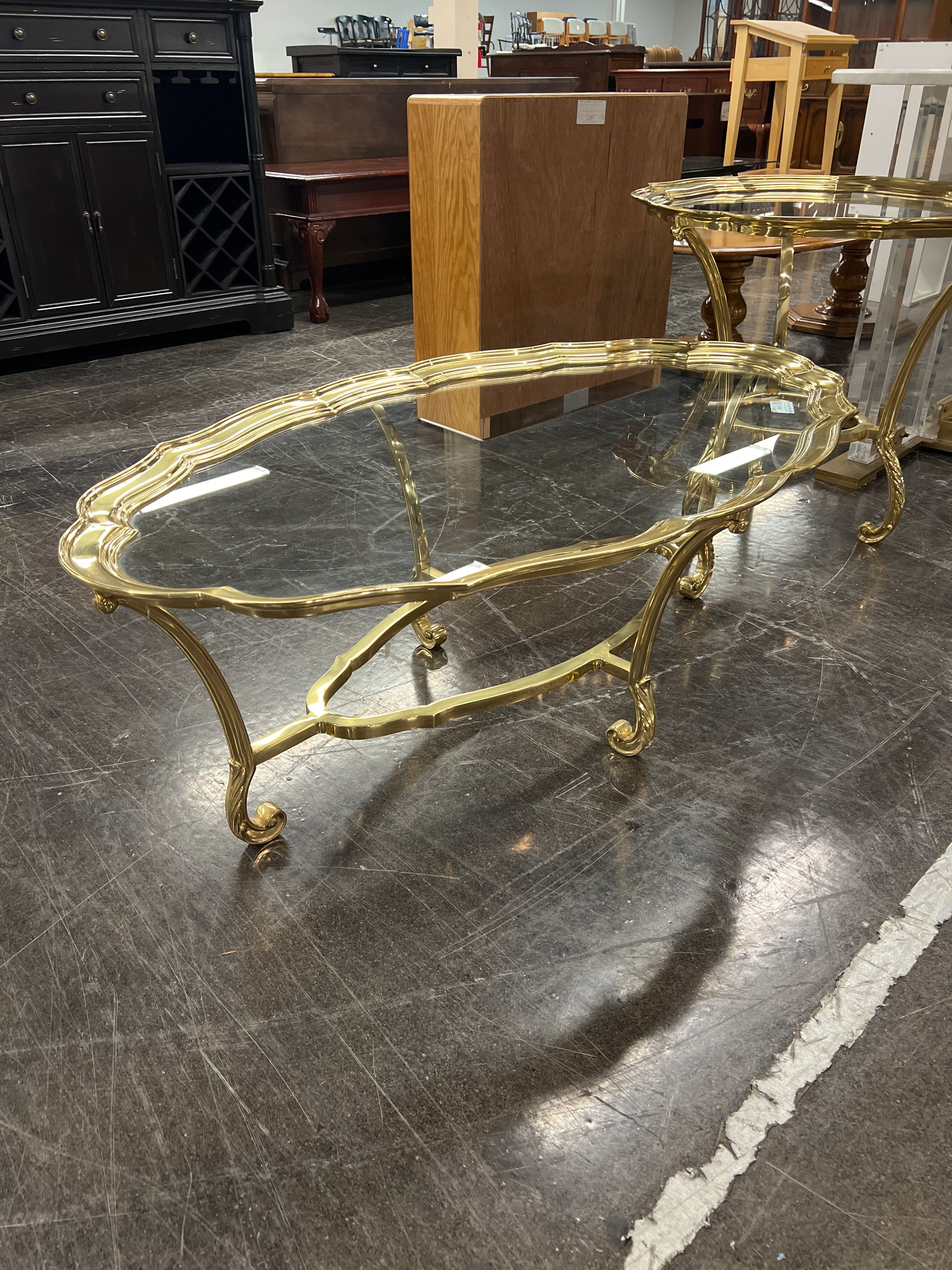 Vintage Gold-Tone Metal and Glass Oval Cocktail Table