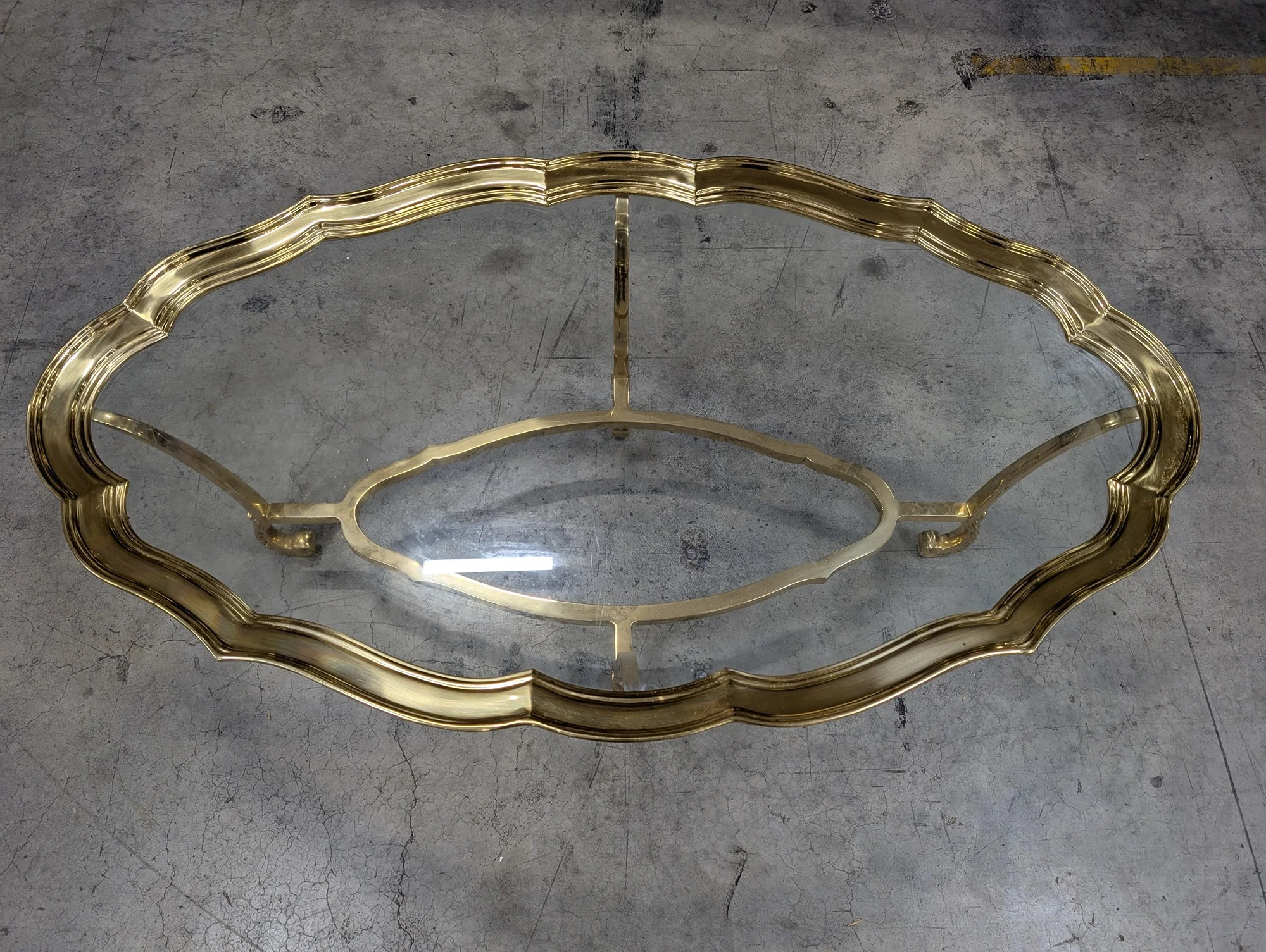 Vintage Gold-Tone Metal and Glass Oval Cocktail Table - Image 2